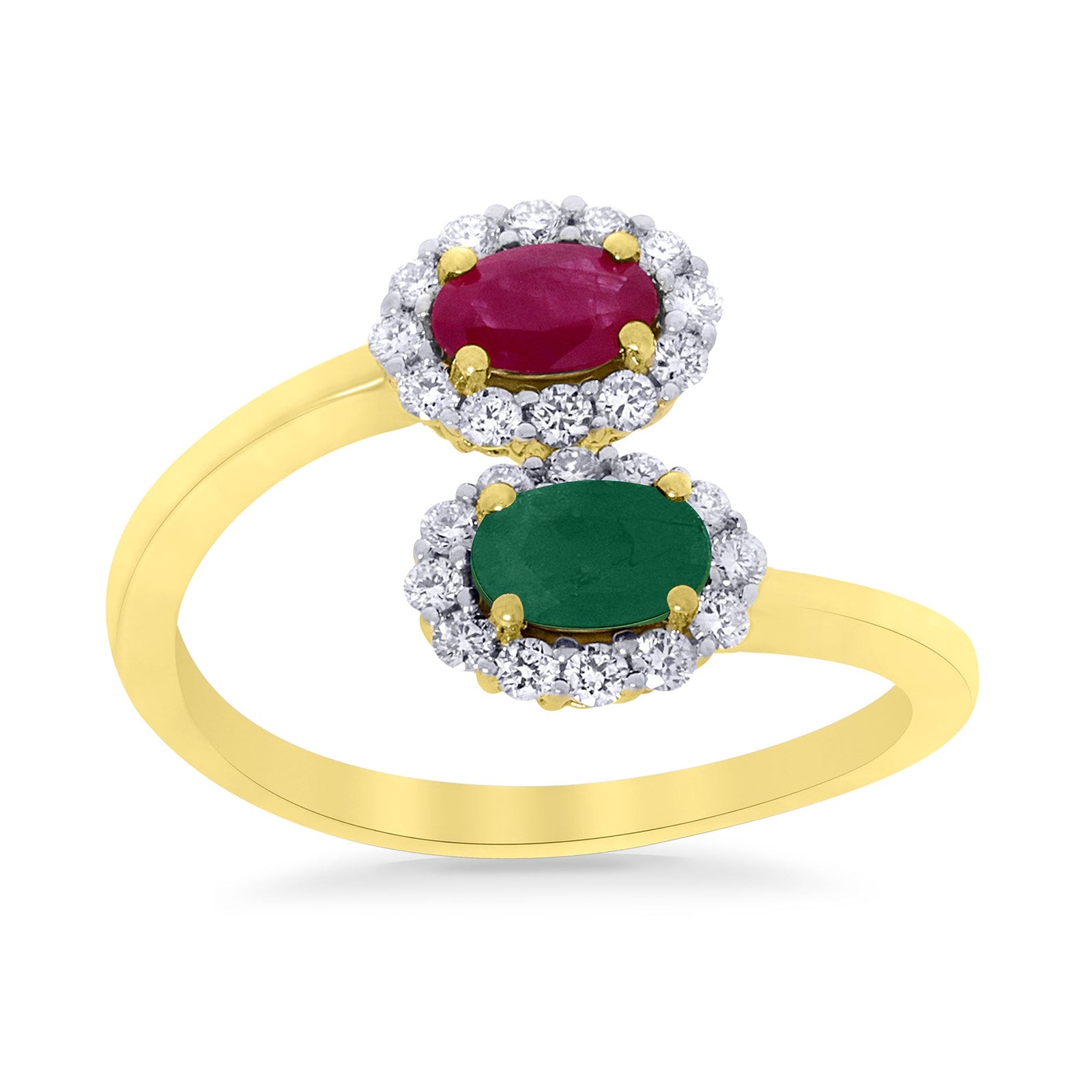 9ct gold double 5x3mm oval emerald/ruby & diamond crossover cluster ring 0.14ct