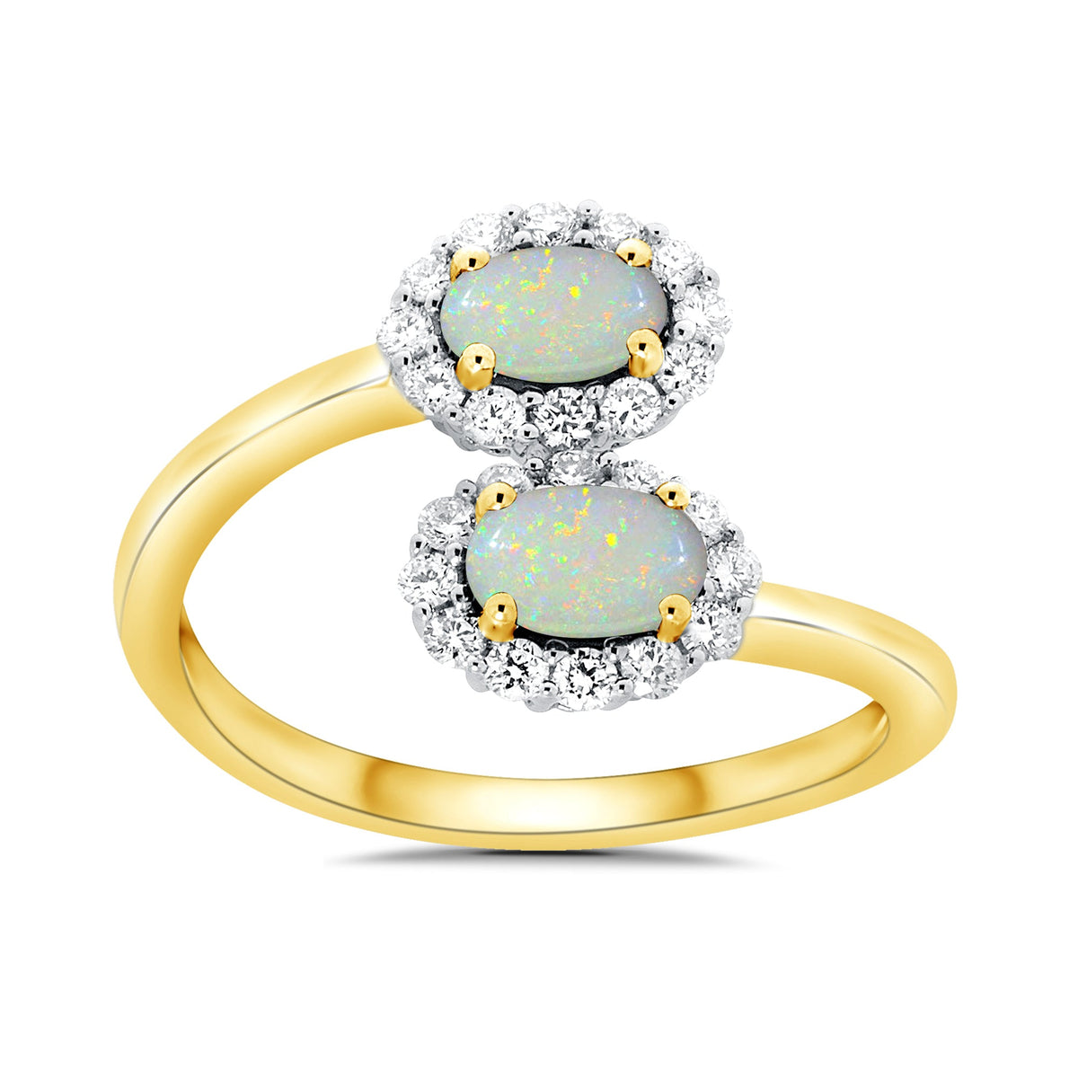 9ct gold double 5x3mm oval opal &amp; diamond crossover cluster ring 0.14ct