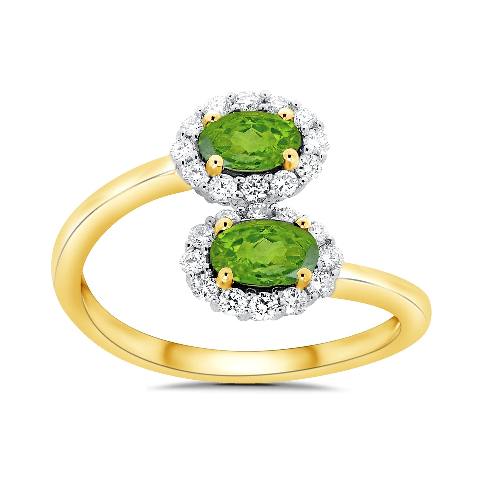 9ct gold double 5x3mm oval peridot & diamond crossover cluster ring 0.14ct