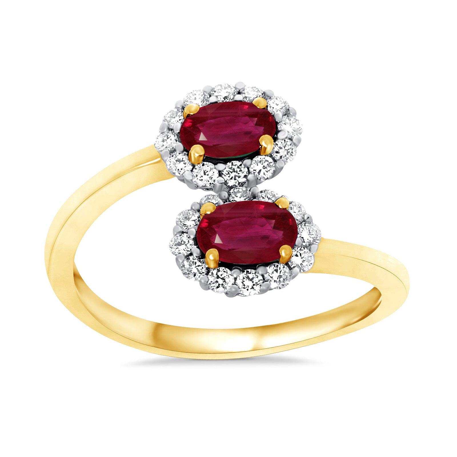 9ct gold double 5x3mm oval ruby & diamond crossover cluster ring 0.14ct