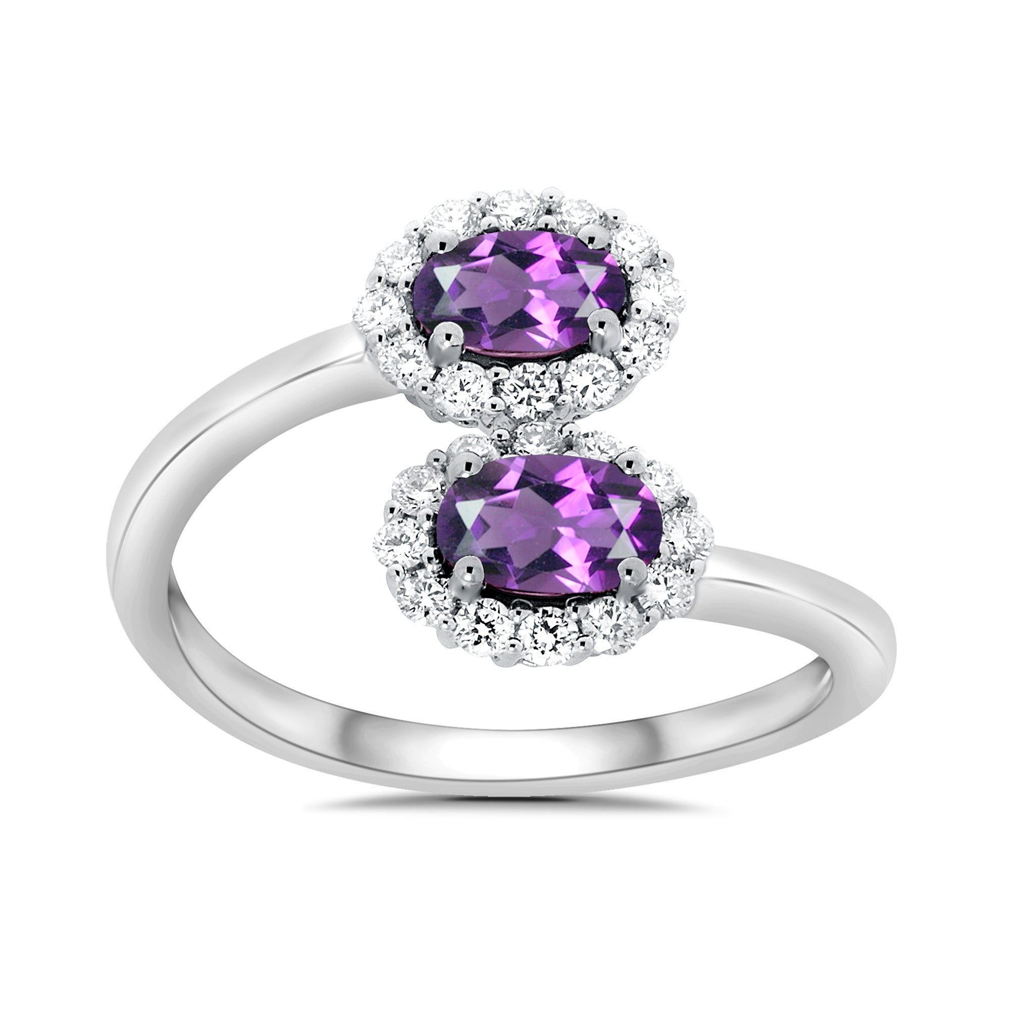 9ct white gold double 5x3mm oval amethyst & diamond crossover cluster ring 0.14ct