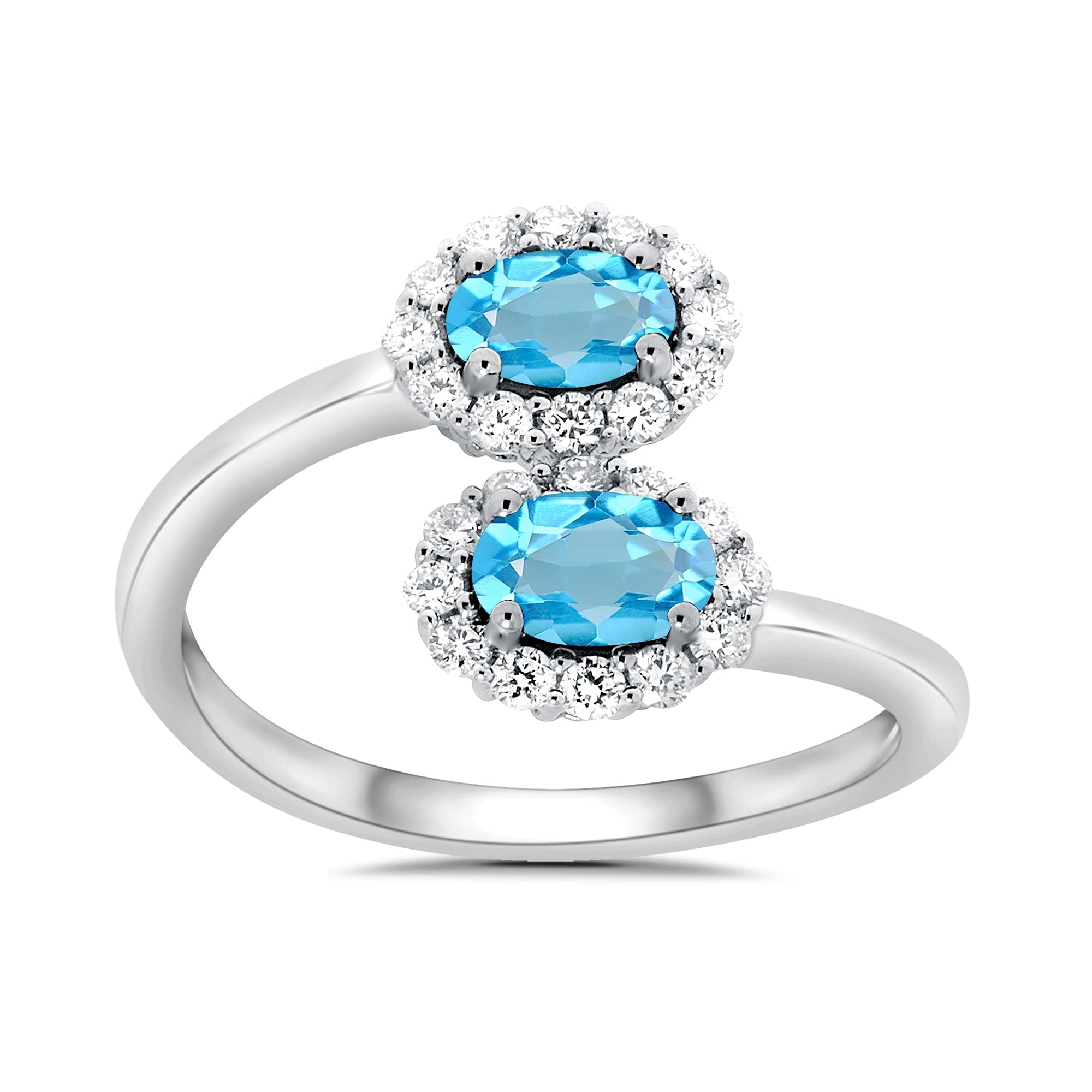 9ct white gold double 5x3mm oval blue topaz & diamond crossover cluster ring 0.14ct