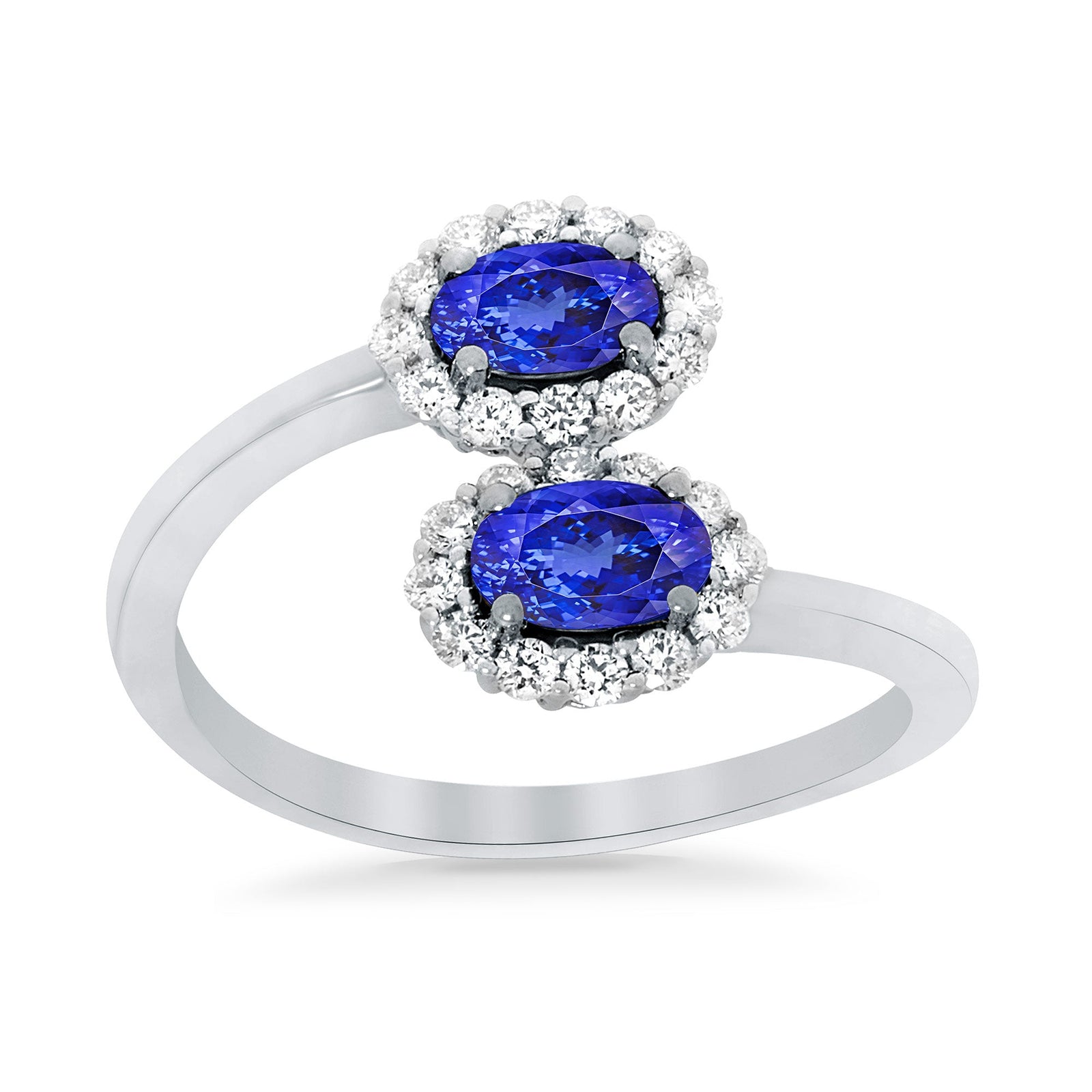9ct white gold double 5x3mm oval tanzanite & diamond crossover cluster ring 0.14ct