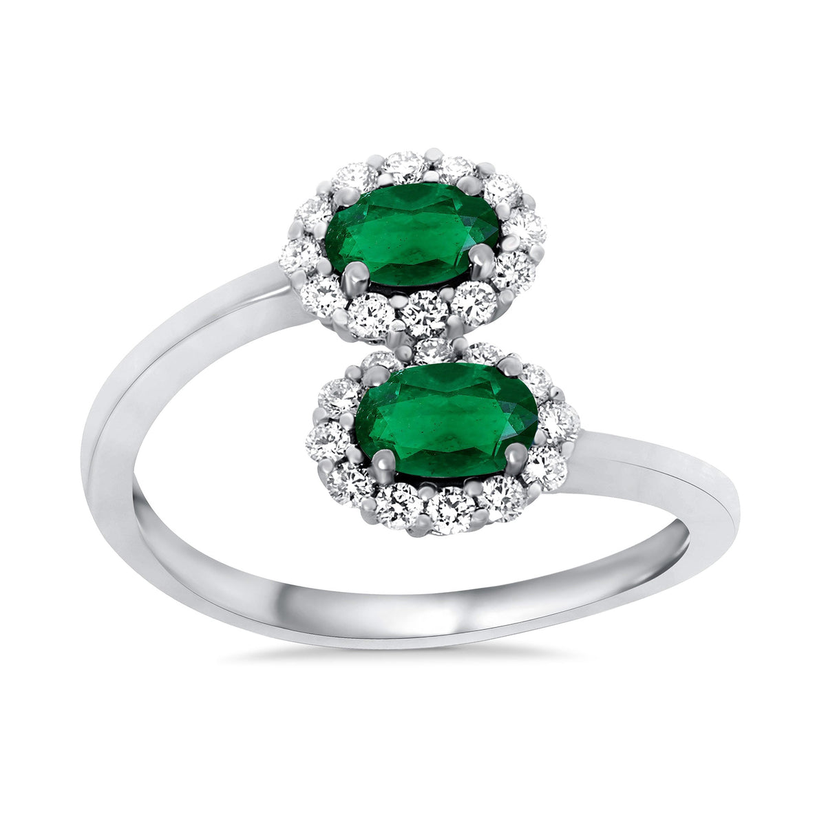 9ct white gold double 5x3mm oval emerald &amp; diamond crossover cluster ring 0.14ct