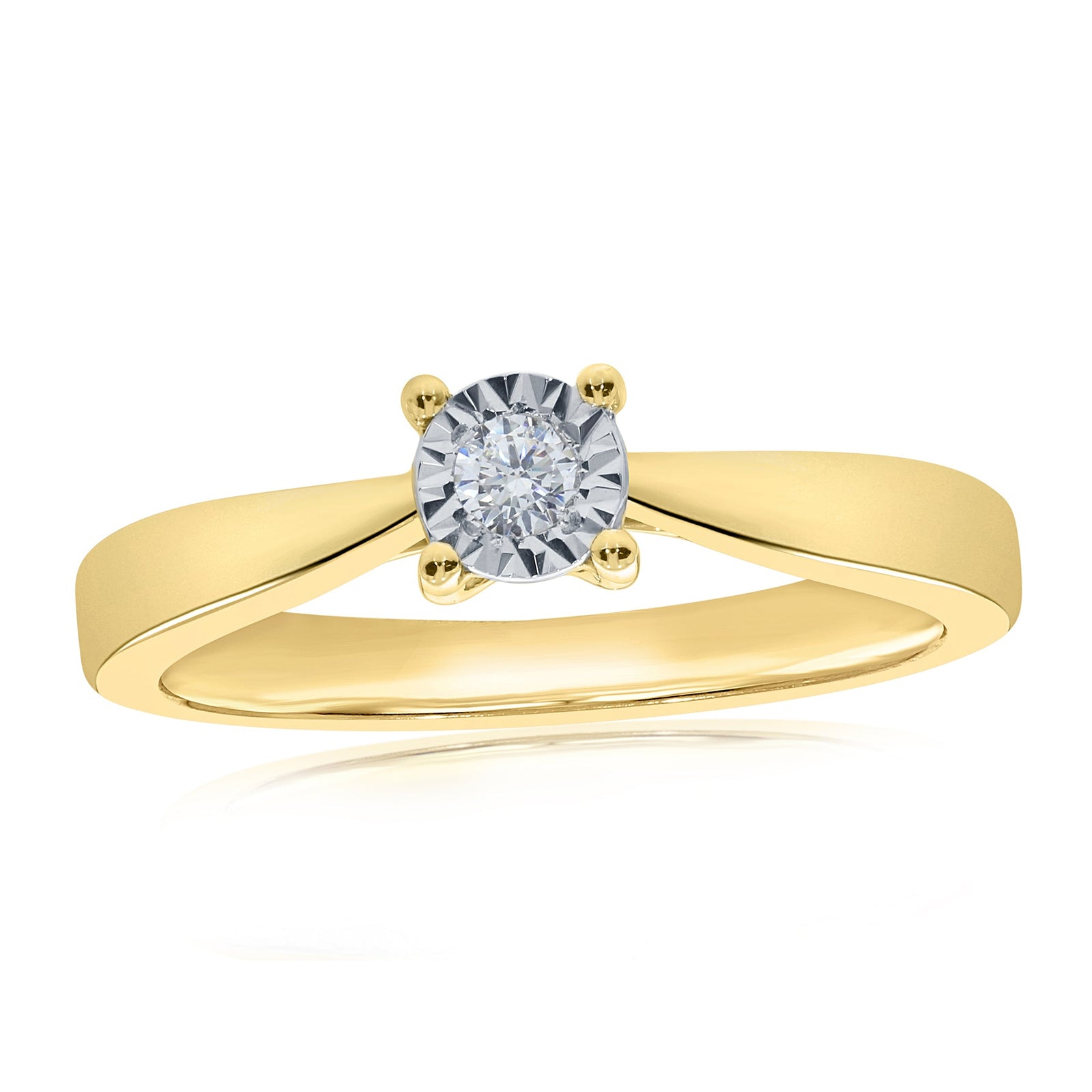 9ct gold single stone miracle plate diamond ring 0.10ct