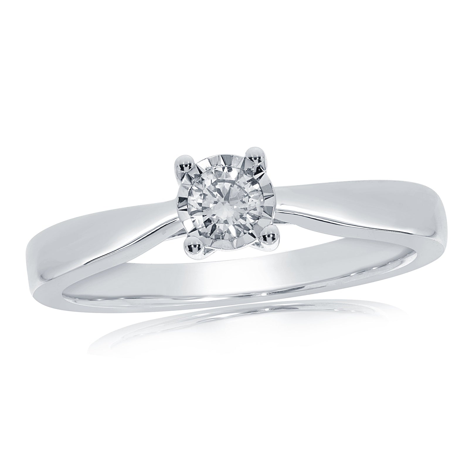 9ct white gold single stone miracle plate diamond ring 0.17ct