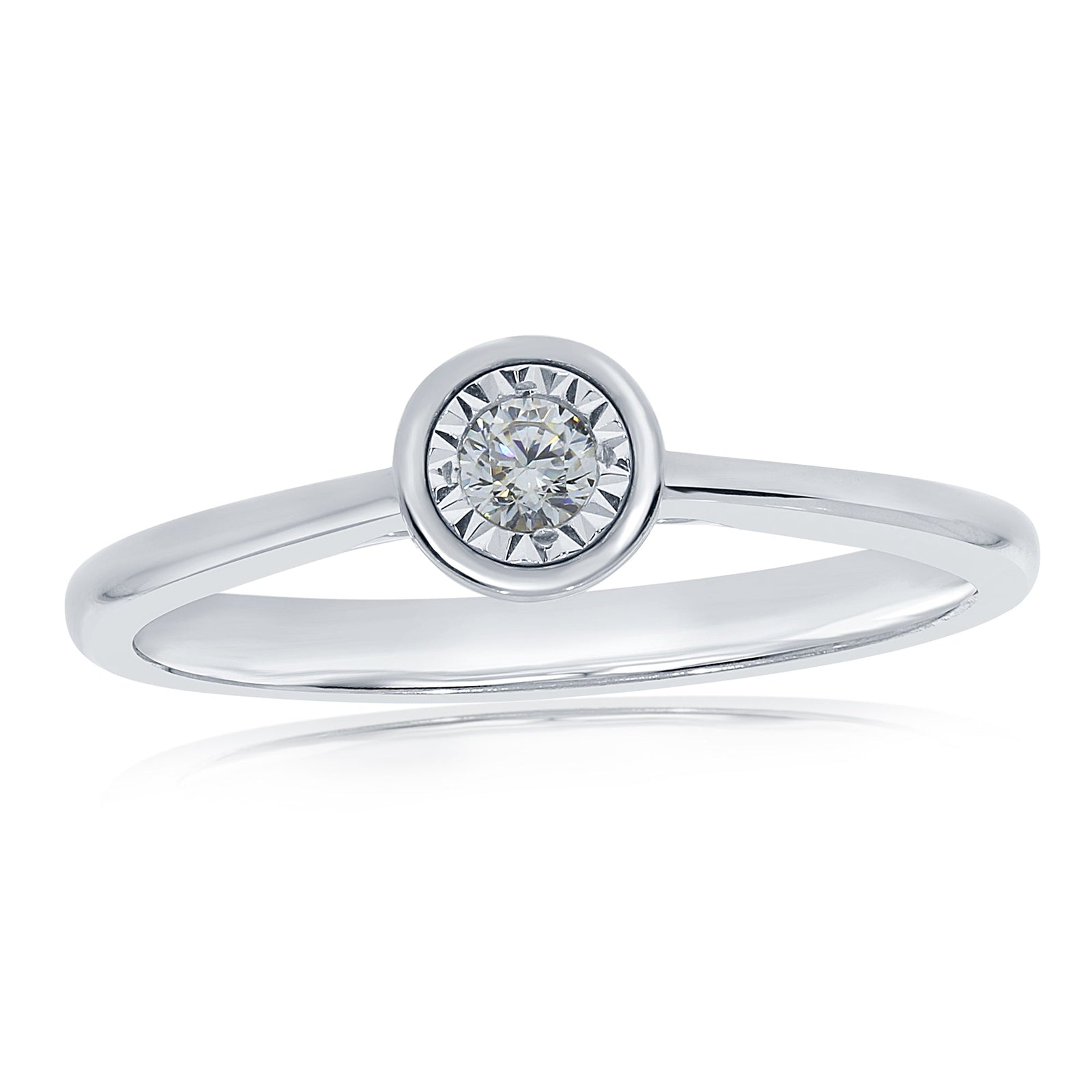 9ct white gold single stone miracle plate diamond ring 0.10ct