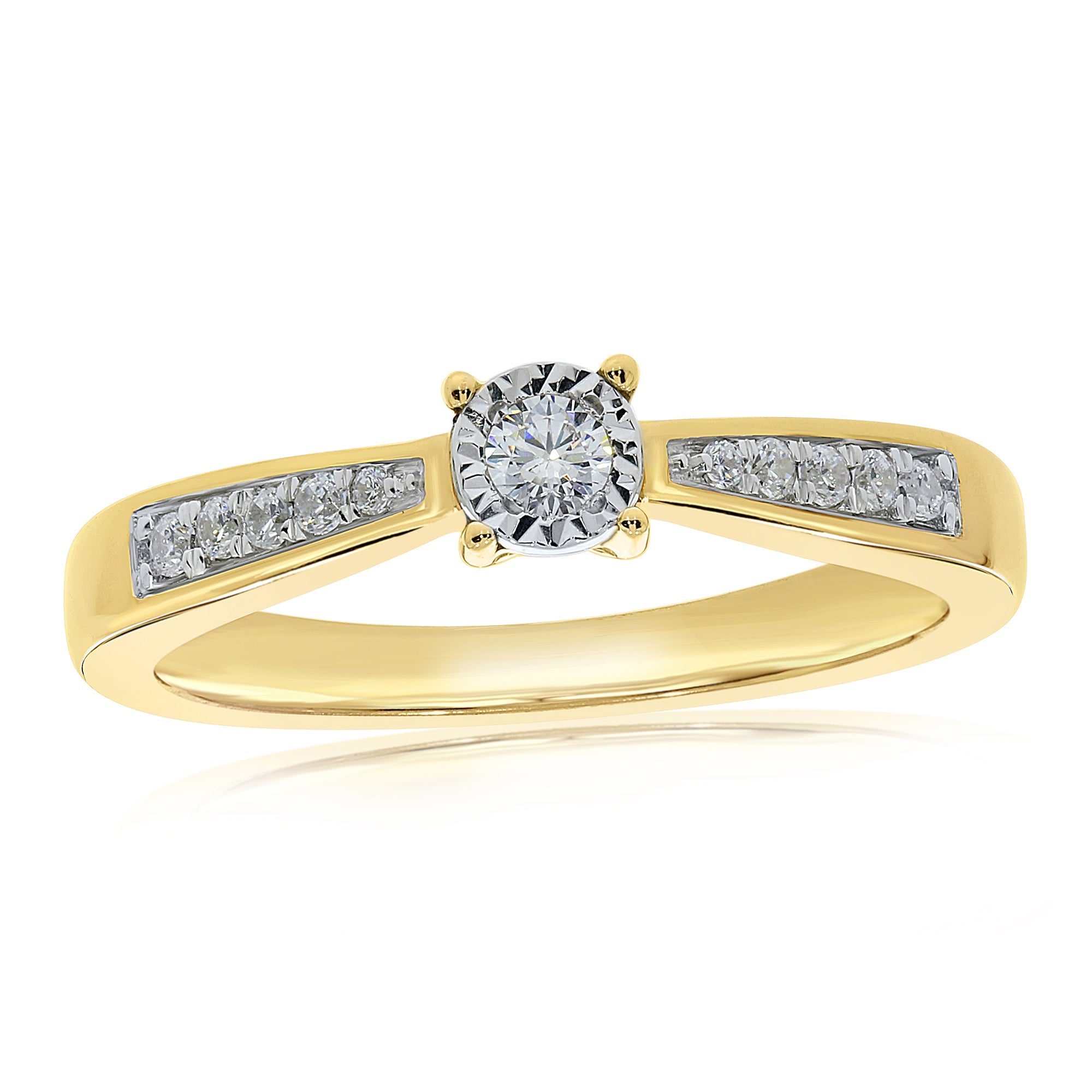 9ct gold single stone miracle plate diamond ring with diamond set shoulders 0.10ct