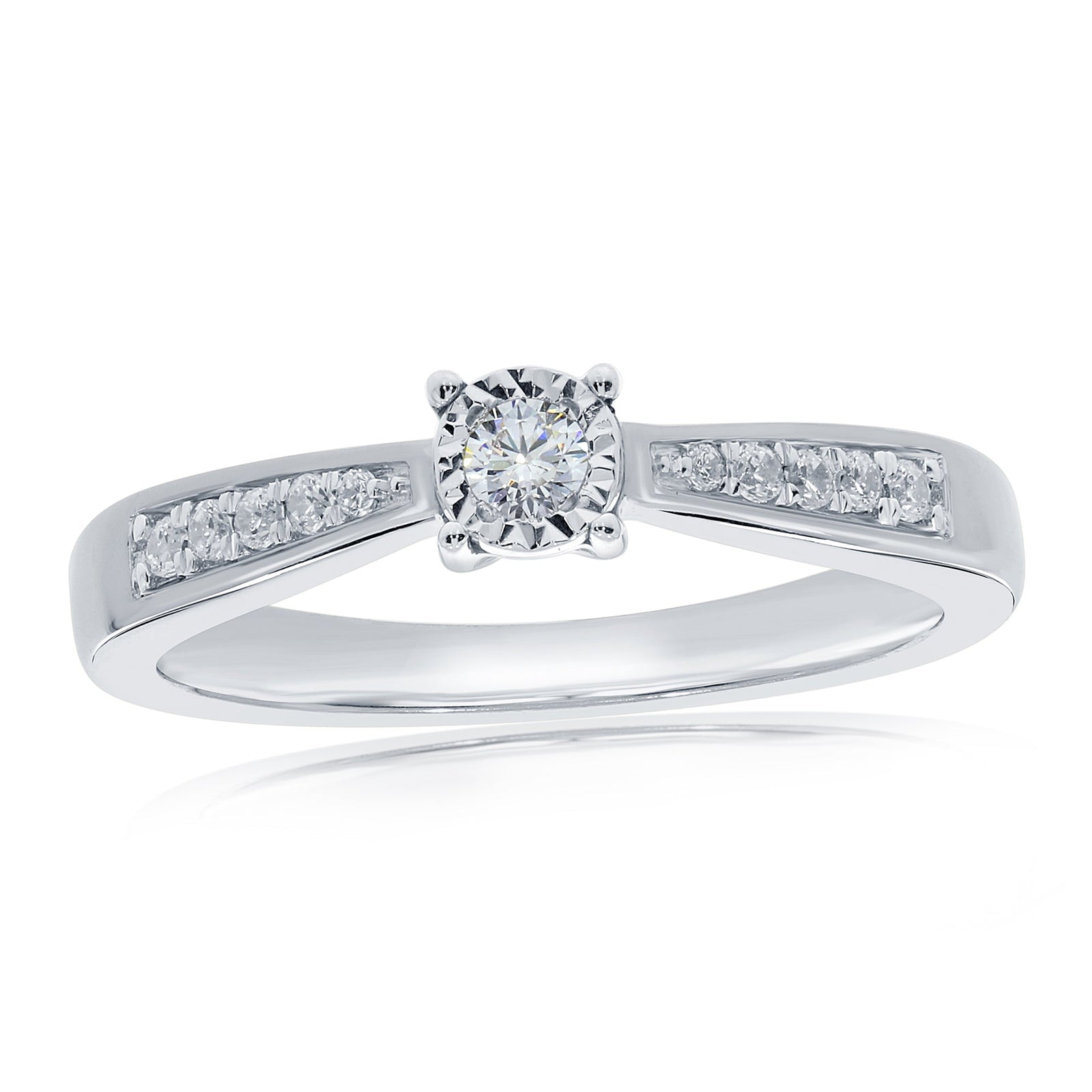 9ct white gold single stone miracle plate diamond ring with diamond set shoulders 0.10ct