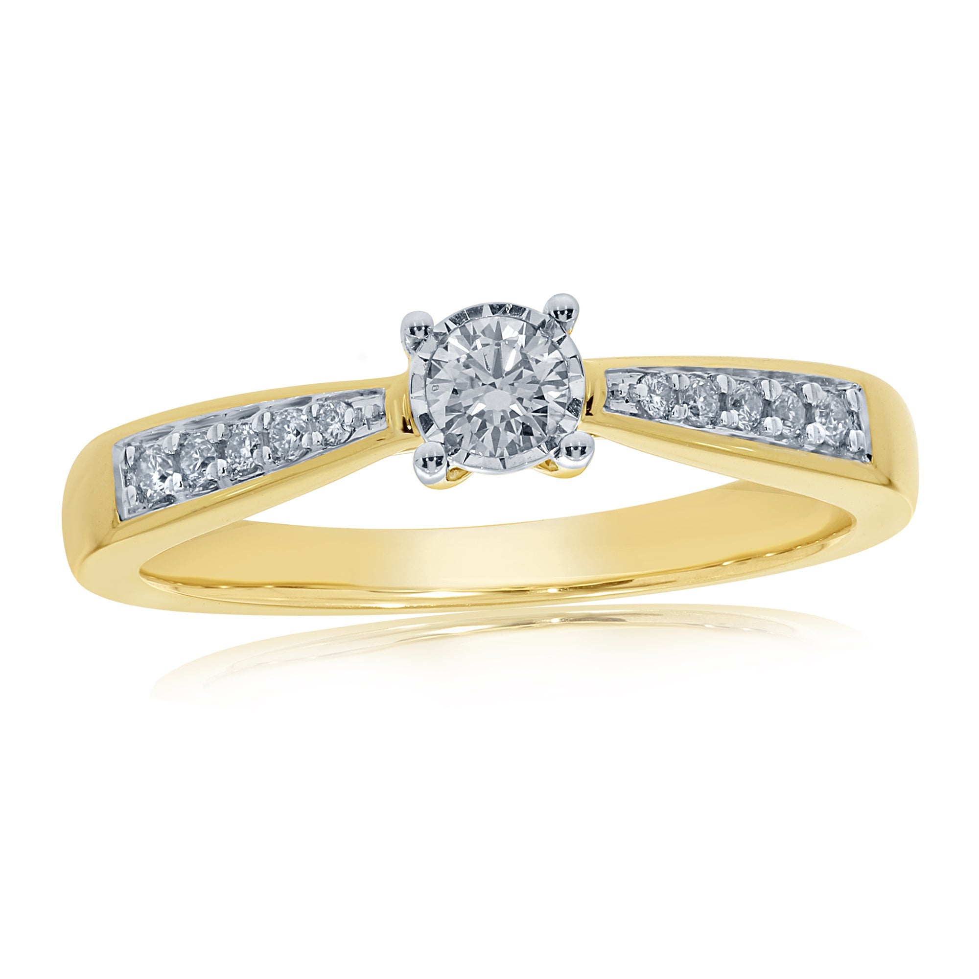 9ct gold single stone miracle plate diamond ring with diamond set shoulders 0.19ct