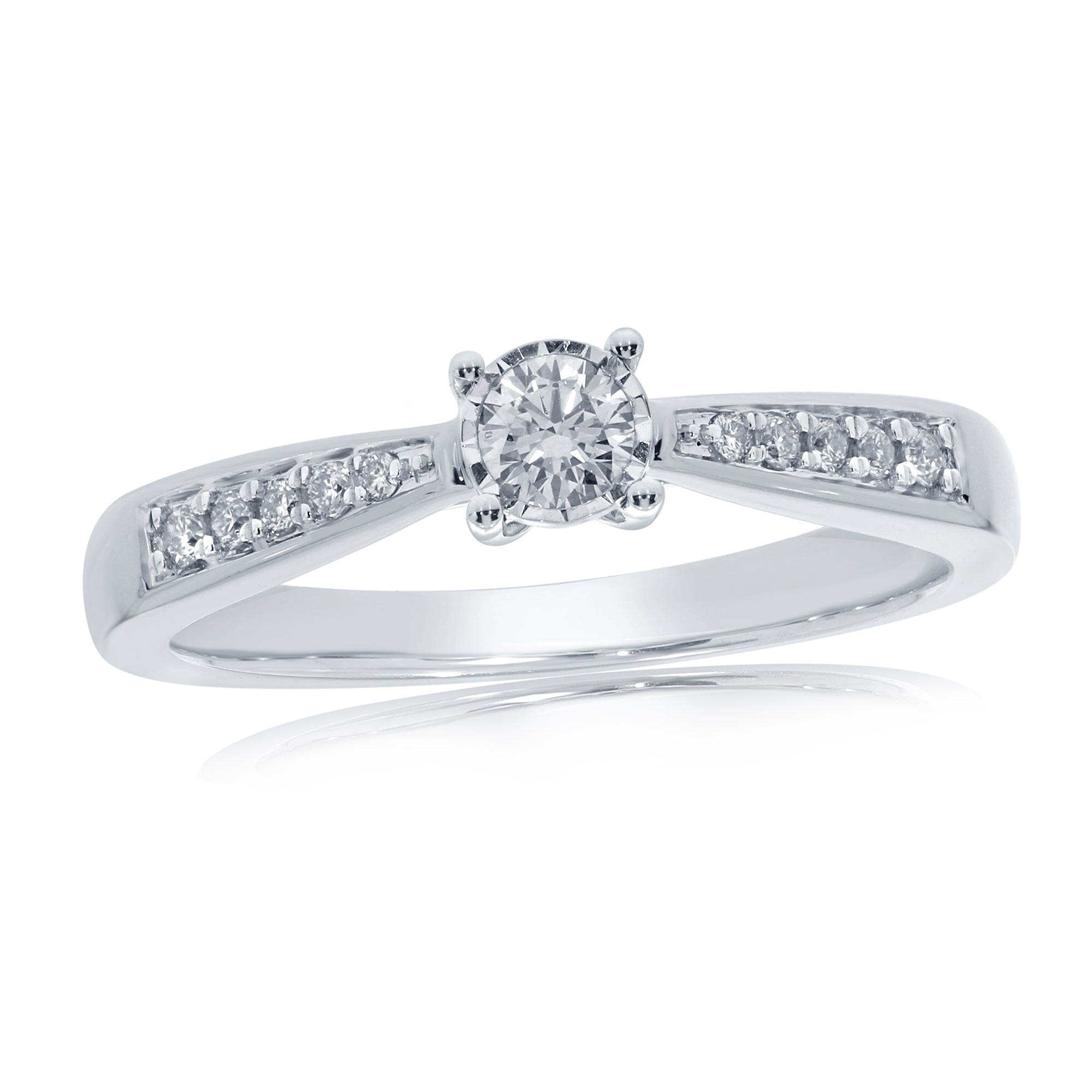 9ct white gold single stone miracle plate diamond ring with diamond set shoulders 0.19ct