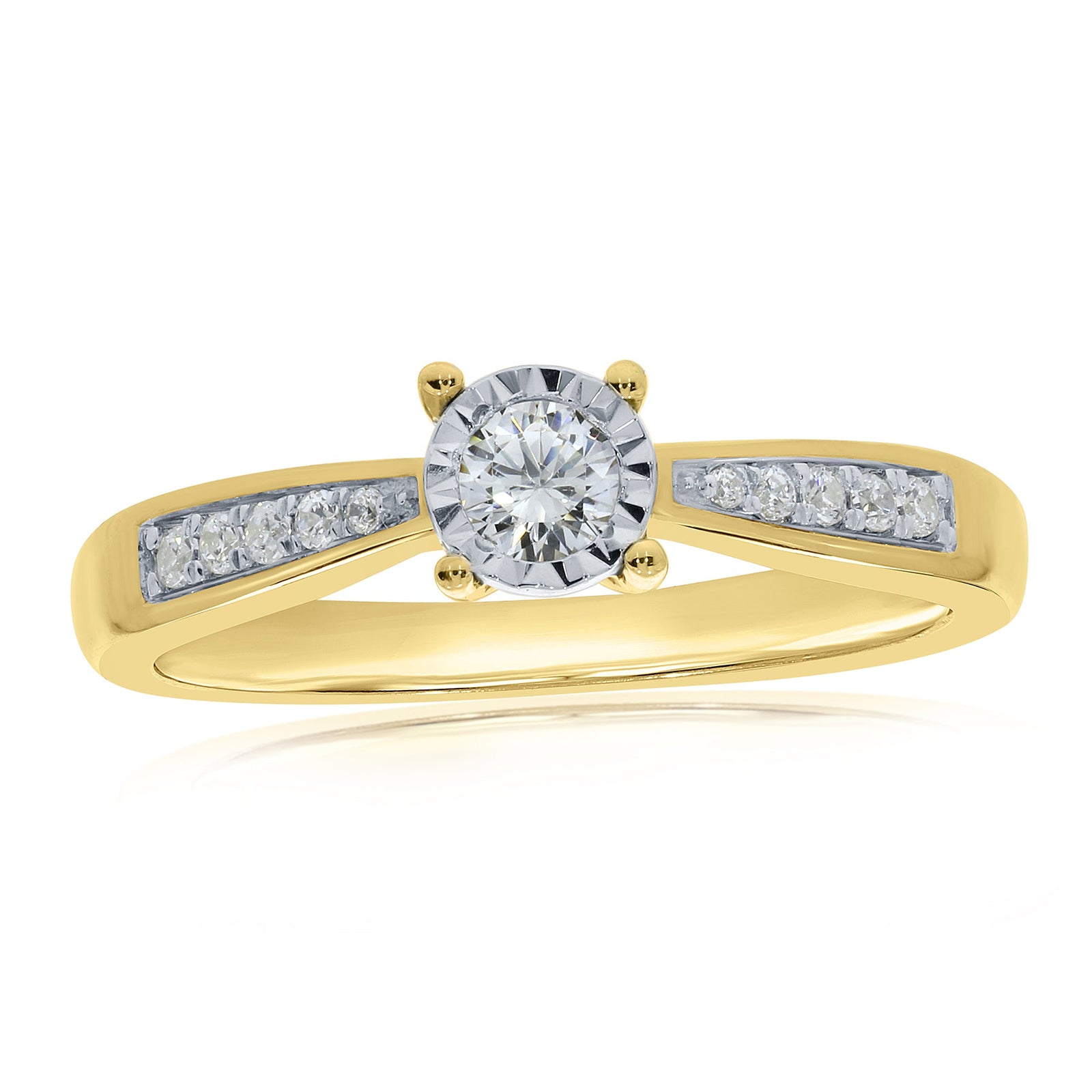 9ct gold single stone miracle plate diamond ring with diamond set shoulders 0.26ct