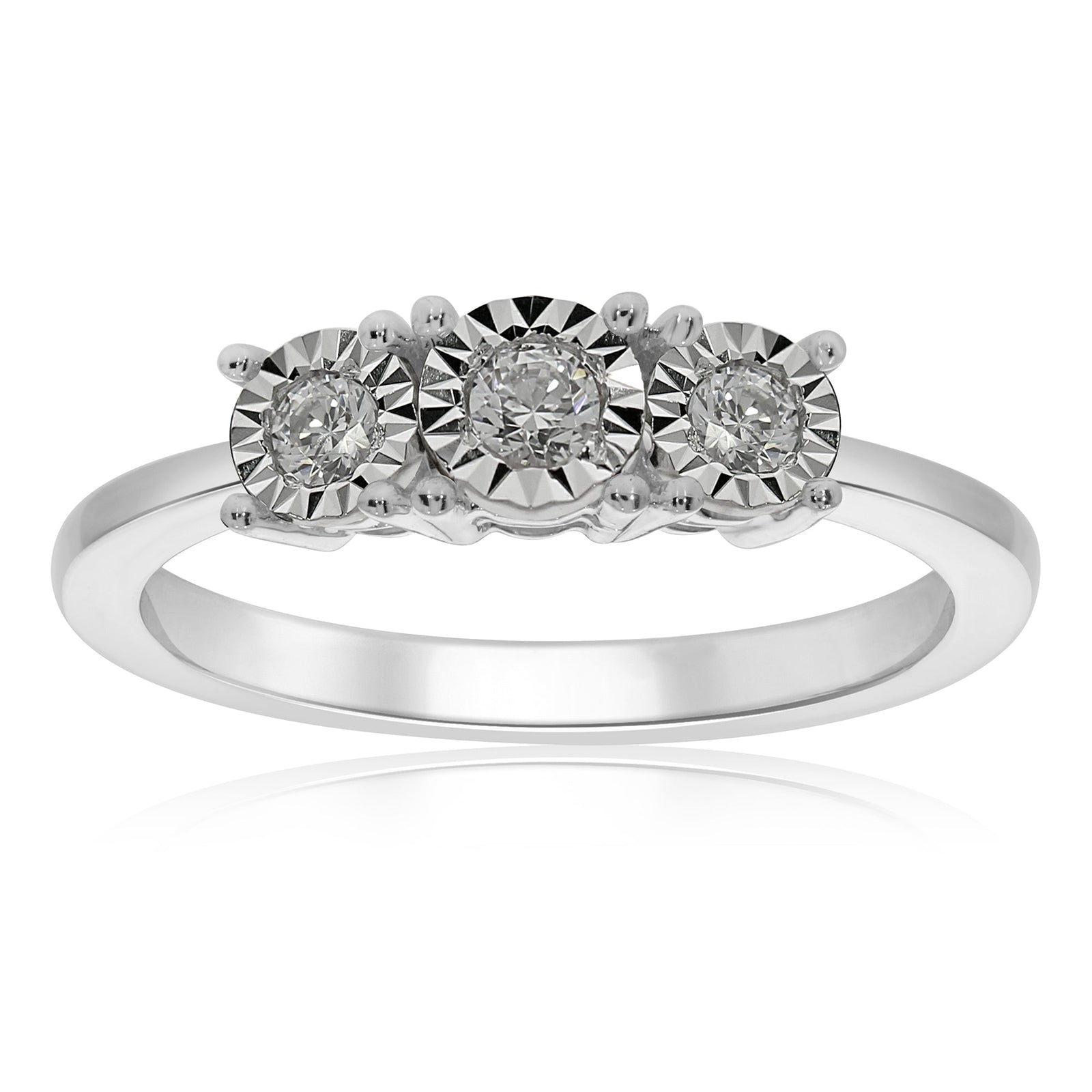 9ct white gold 3 stone miracle plate diamond ring 0.25ct