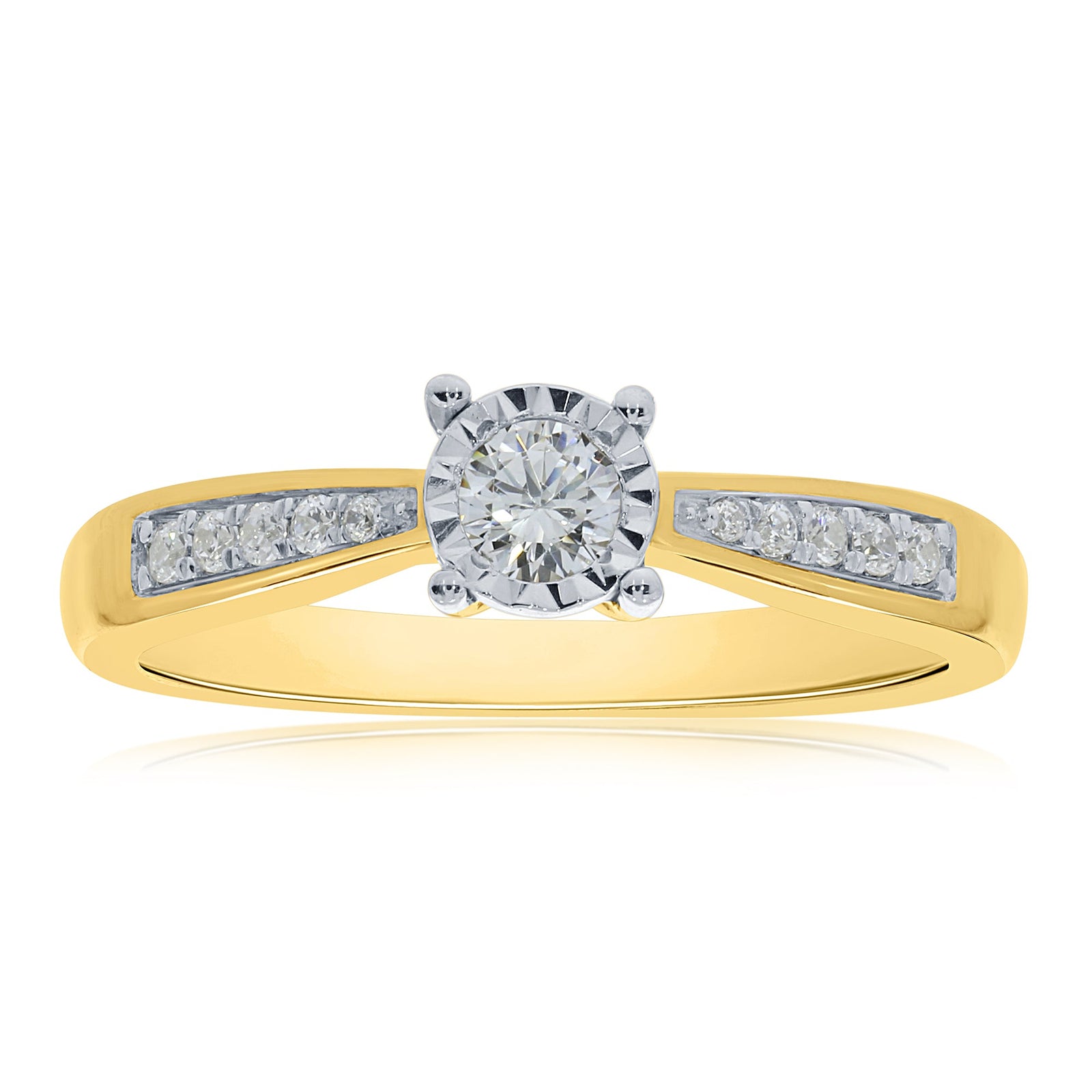 9ct gold single stone miracle plate diamond ring with diamond shoulders 0.33ct