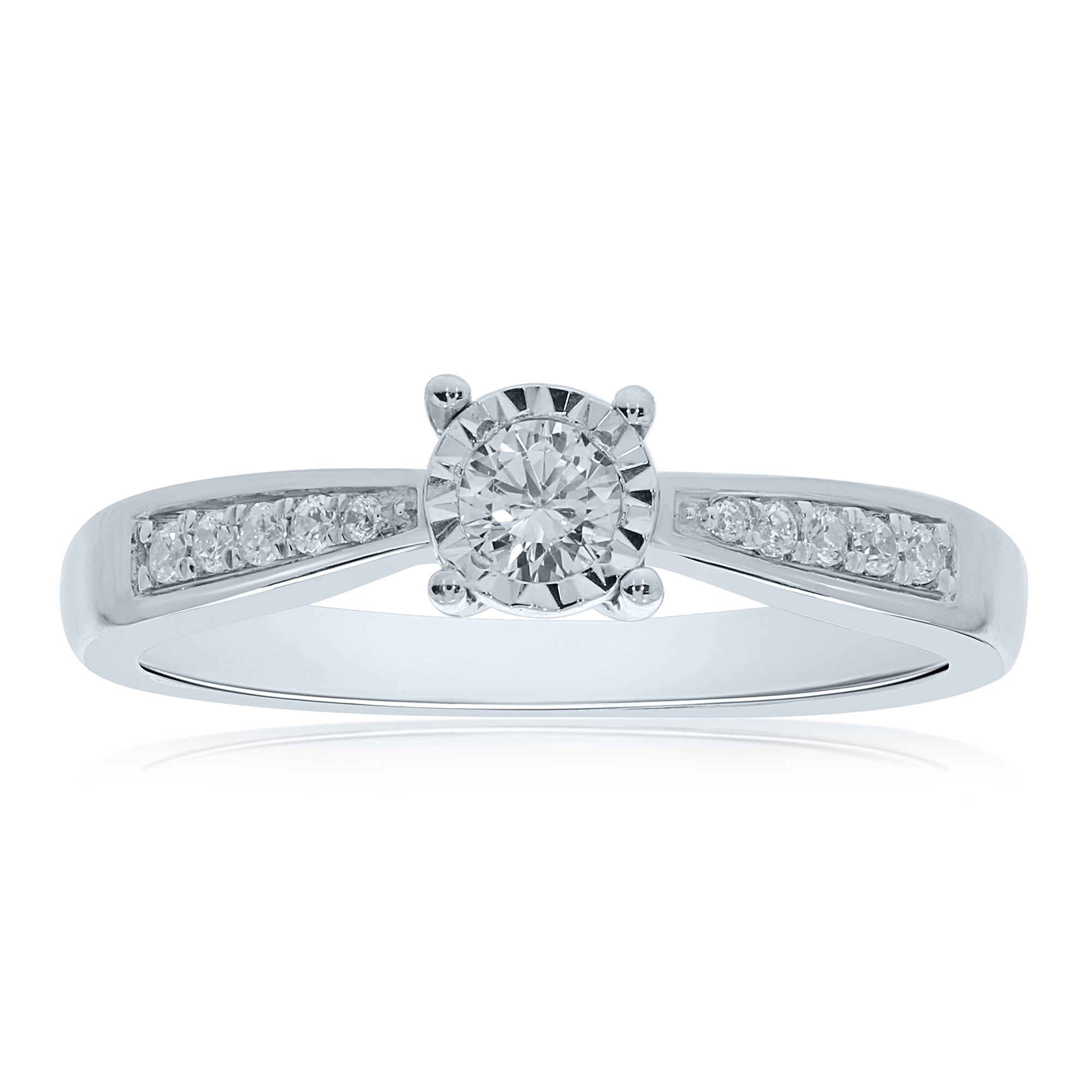 9ct white gold single stone miracle plate diamond ring with diamond shoulders 0.33ct