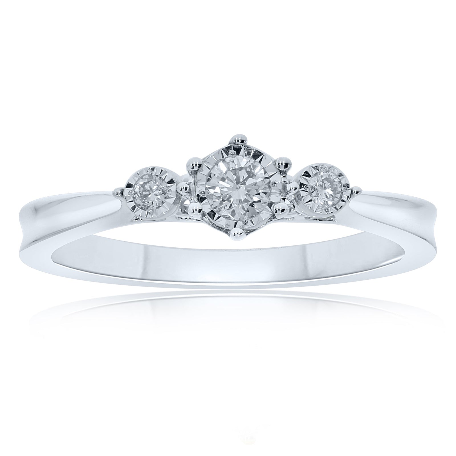 9ct white gold 3 stone miracle plate diamond ring 0.15ct