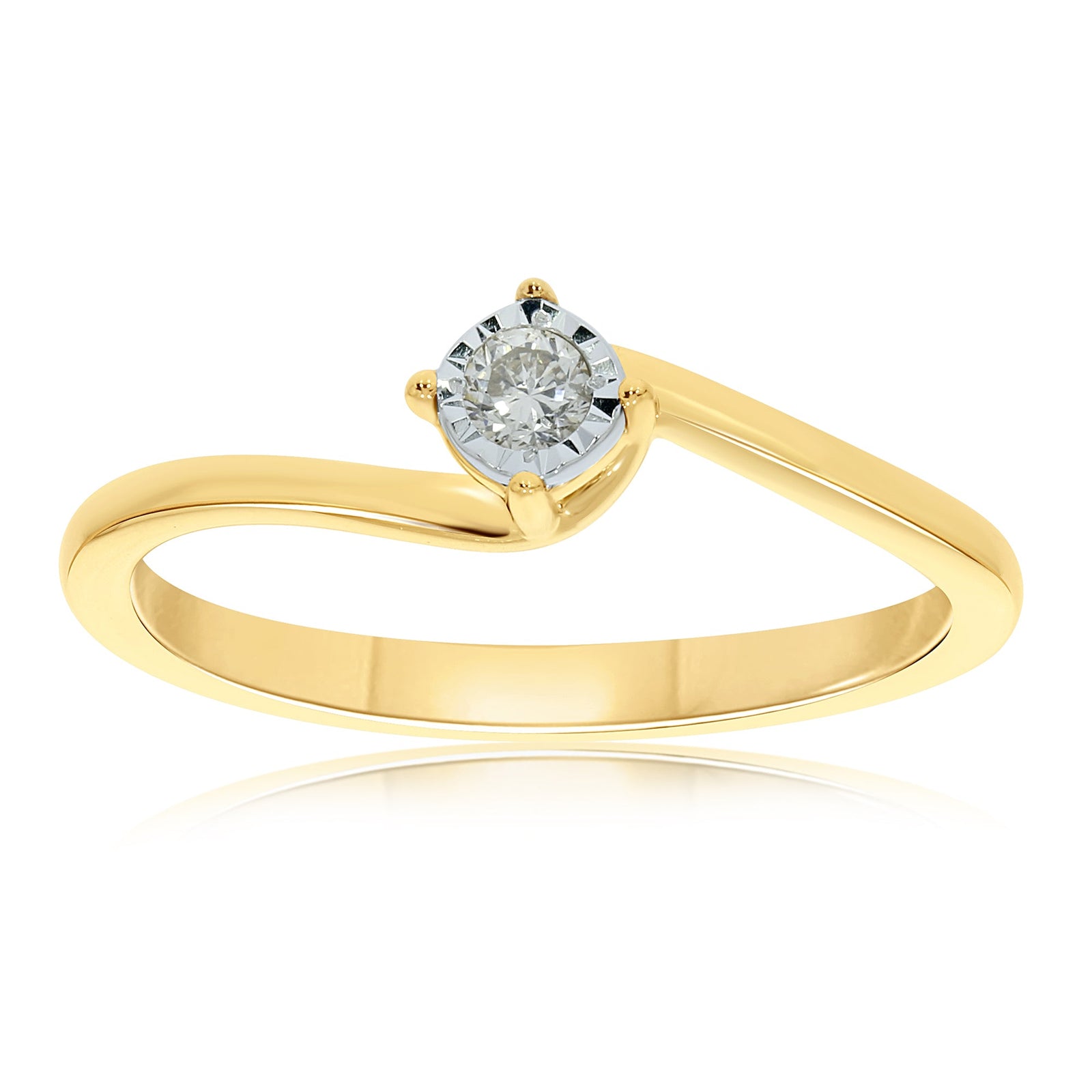 9ct gold single stone miracle diamond crossover ring 0.08ct