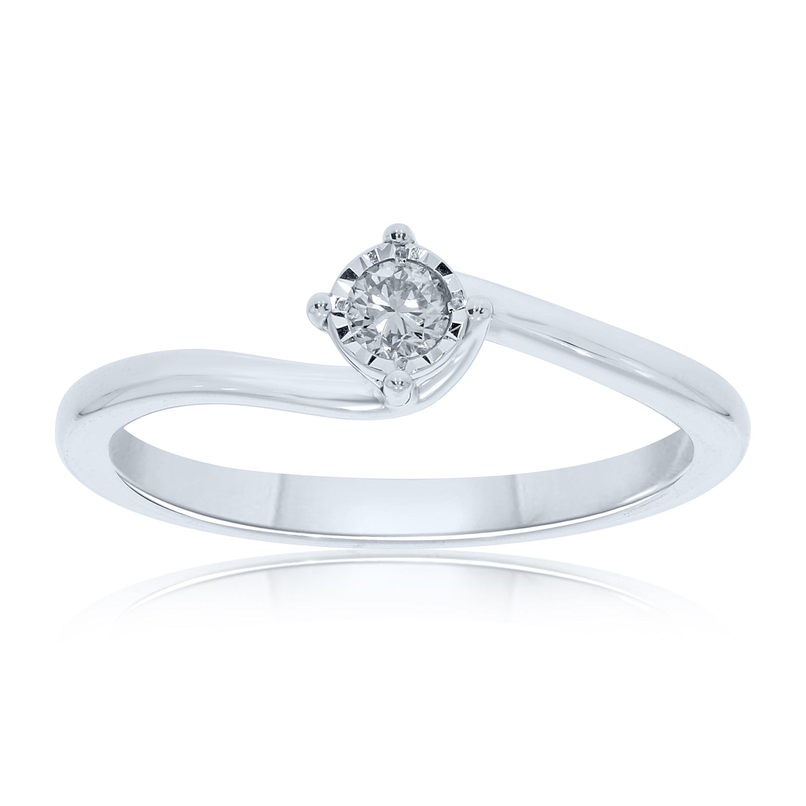 9ct white gold single stone miracle diamond crossover ring 0.10ct