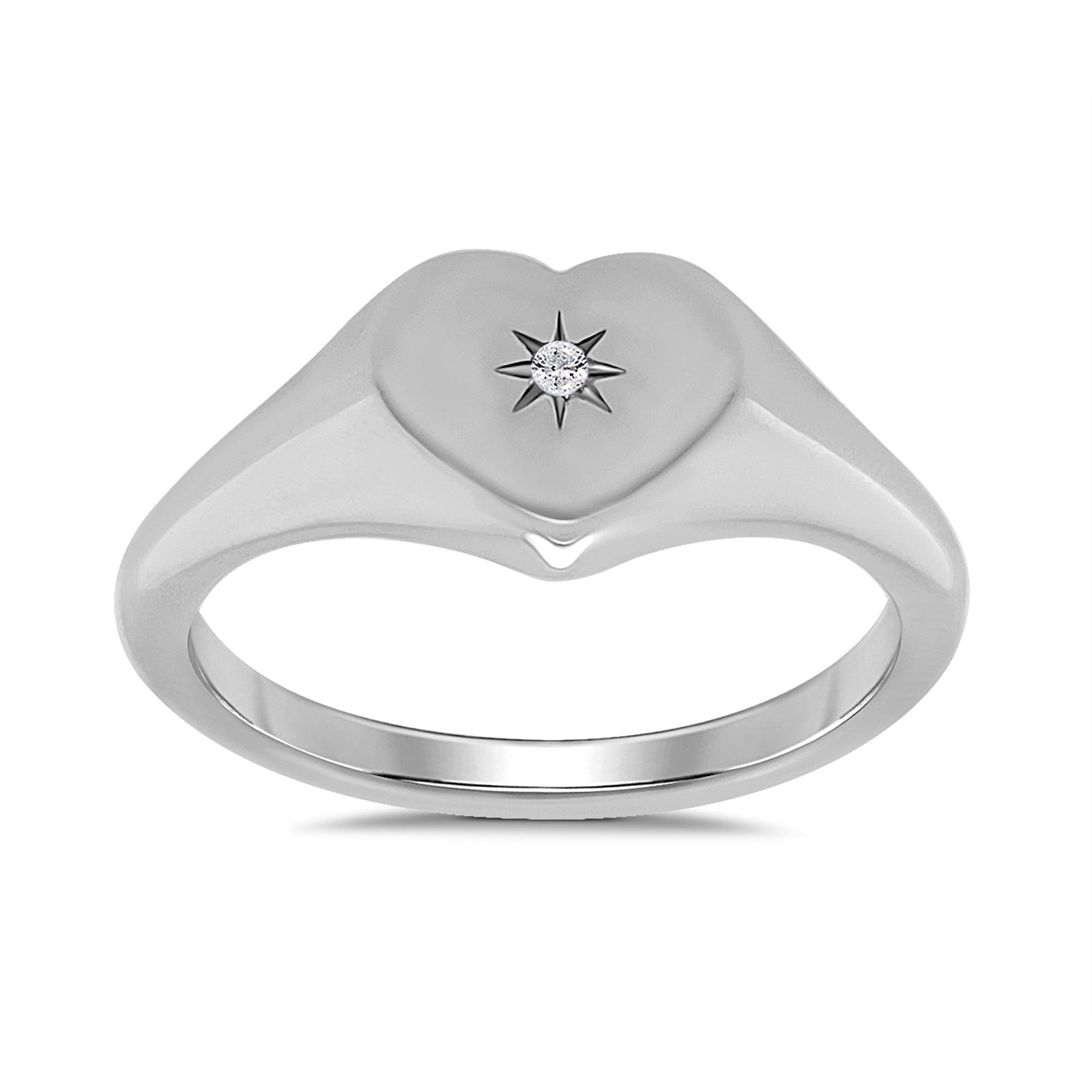 9ct white gold diamond set heart shape ladies signet ring 0.01ct