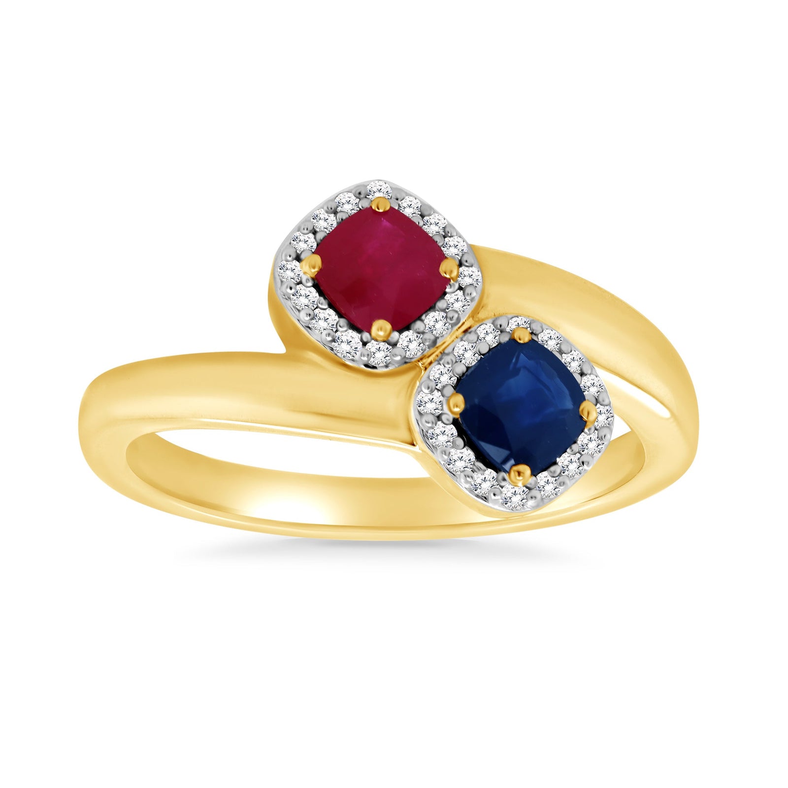 9ct gold cushion shape ruby/sapphire diamond cluster ring 0.10ct