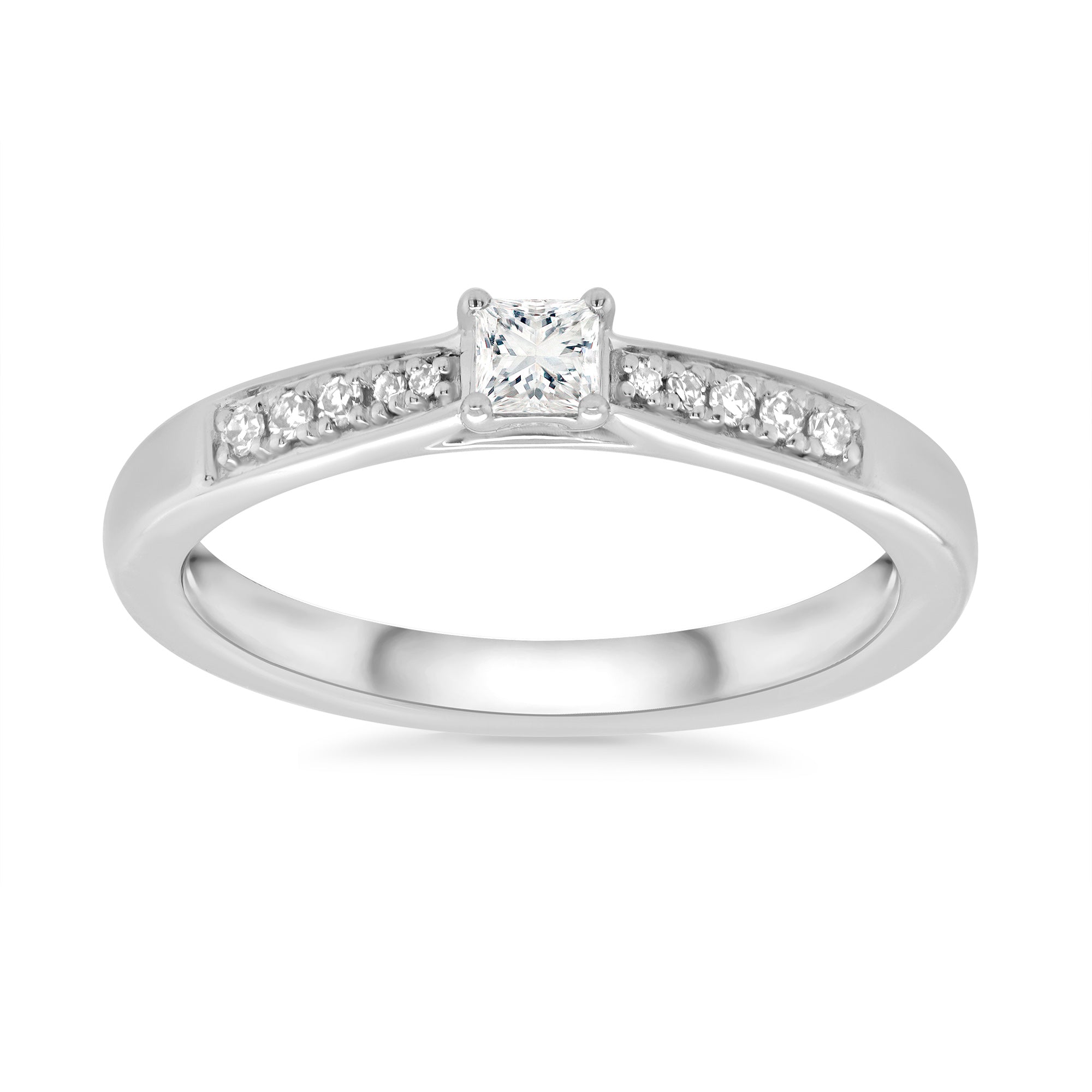 9ct white gold princess cut single stone diamond ring with diamond set shoulders 0.21ct
