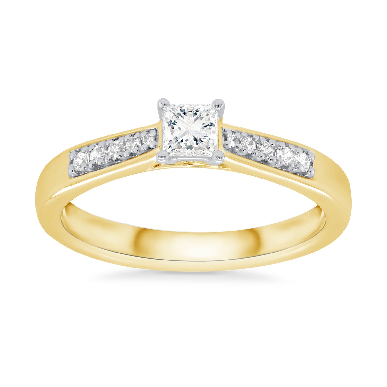 9ct gold princess cut single stone diamond ring with diamond set shoulders 0.33ct