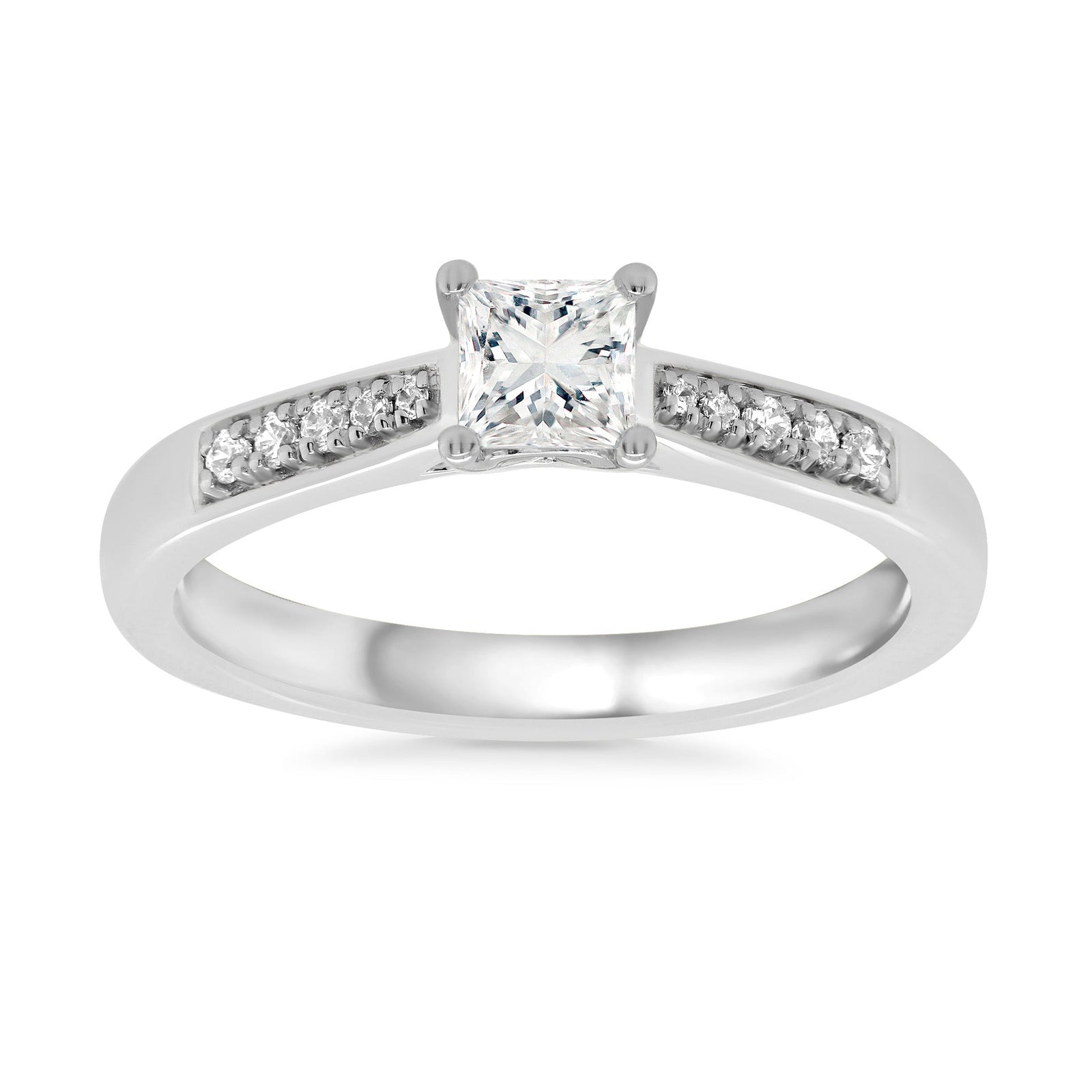 9ct white gold princess cut single stone diamond ring with diamond set shoulders 0.41ct