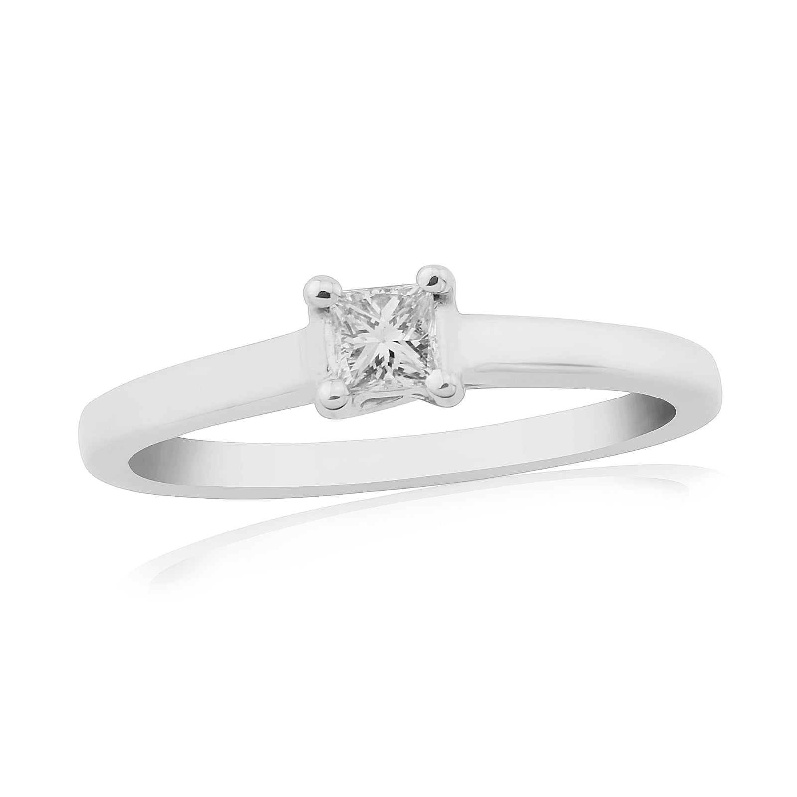 9ct white gold four claw princess cut single stone diamond ring 0.15ct