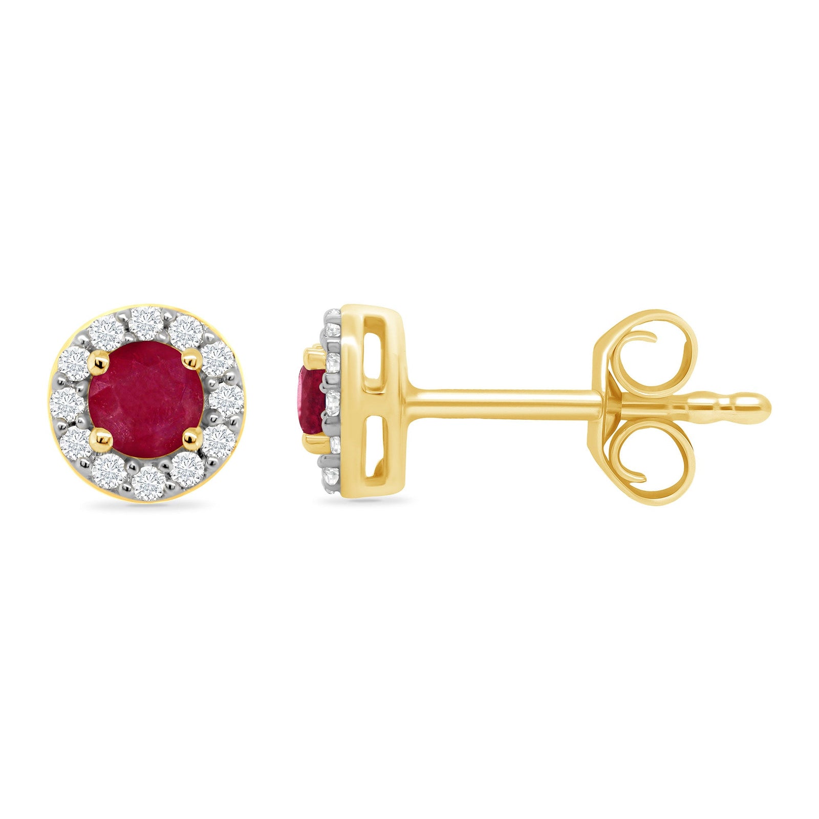 9ct gold 3.25mm round ruby & diamond halo cluster stud earrings 0.10ct