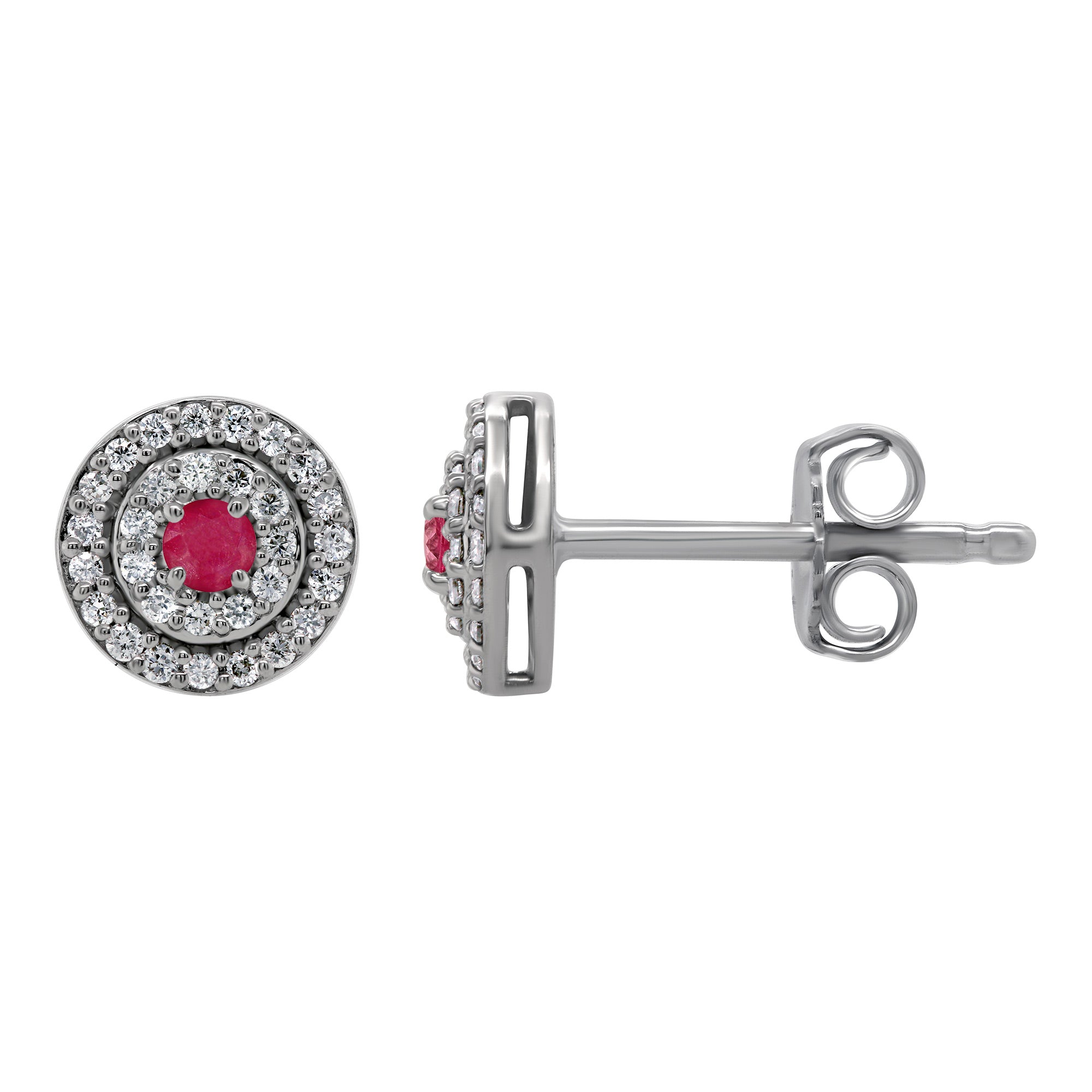 9ct white gold 2.50mm ruby & two row diamond halo cluster stud earrings 0.23ct