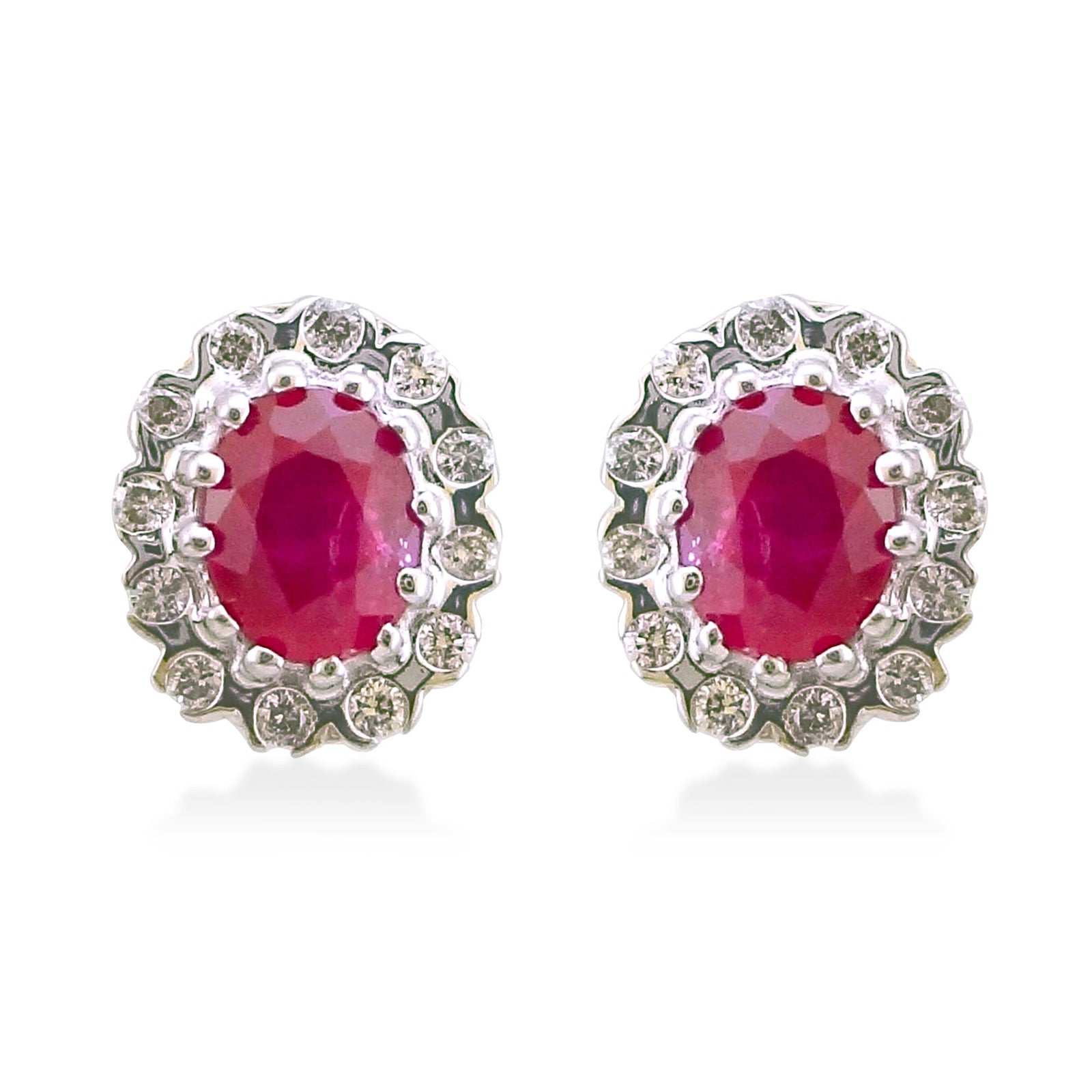 9ct gold 5x3mm oval ruby & diamond cluster studs 0.12ct