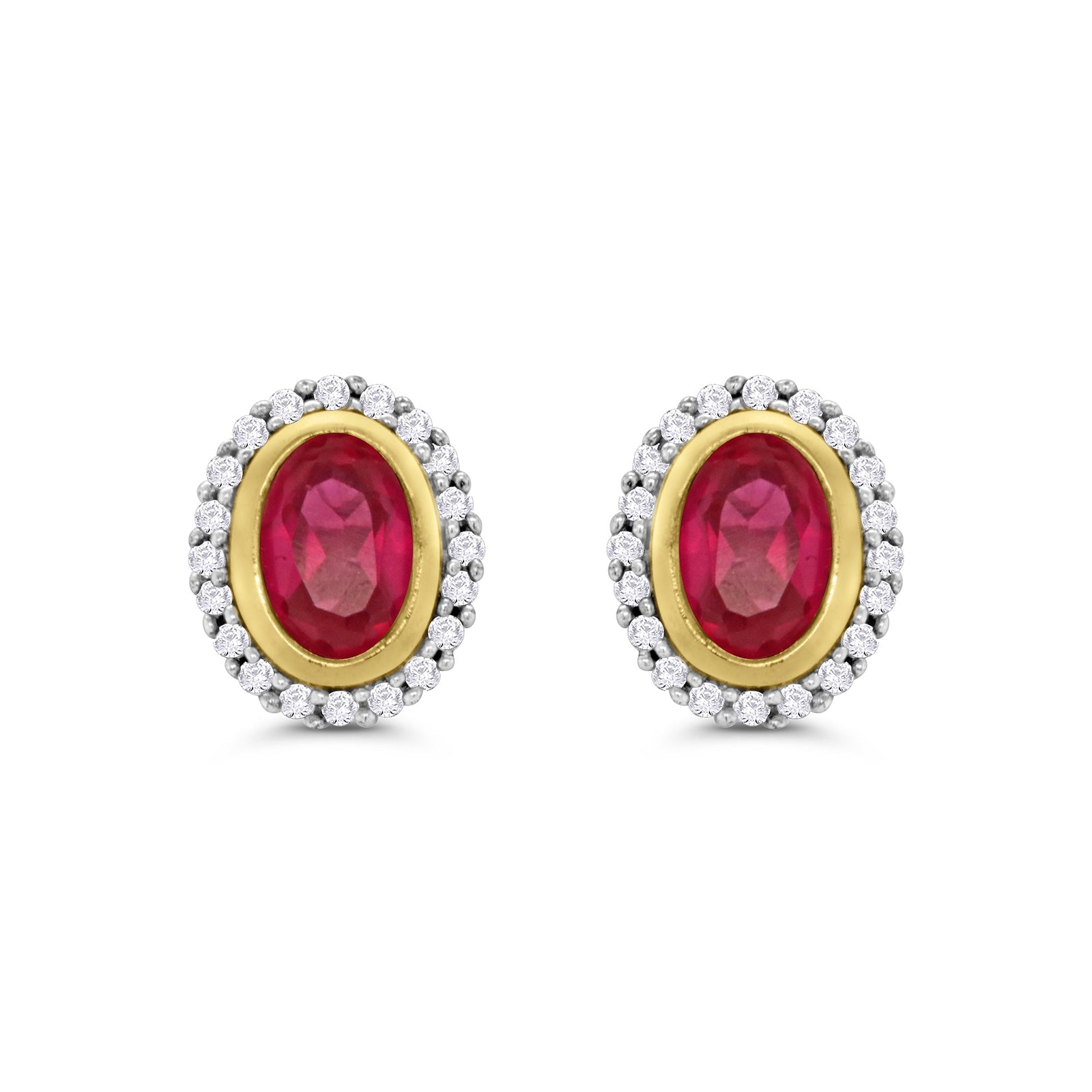 9ct gold 6x4mm rub over set ruby & diamond cluster stud earrings 0.20ct