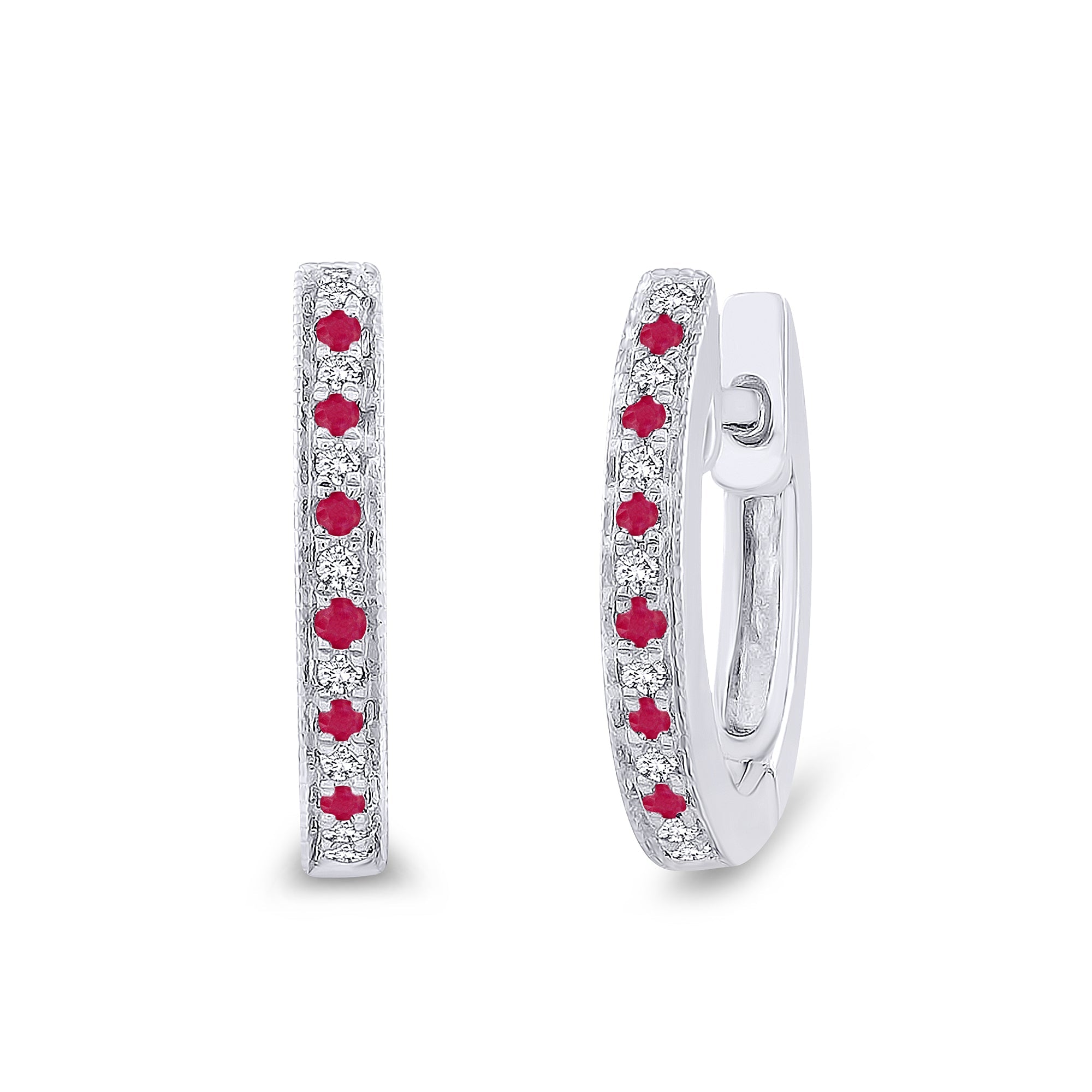 9ct white gold ruby & diamond set huggy earrings 0.05ct - W1.85 x L12mm