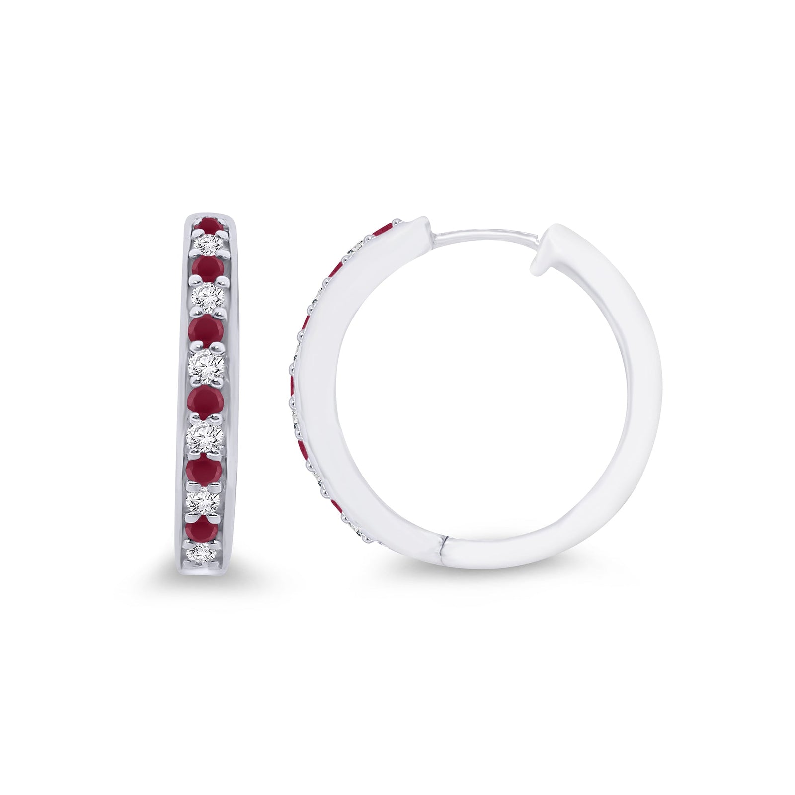 9ct white gold round ruby & diamond set huggy earrings 0.12ct - W2.50 x L17mm