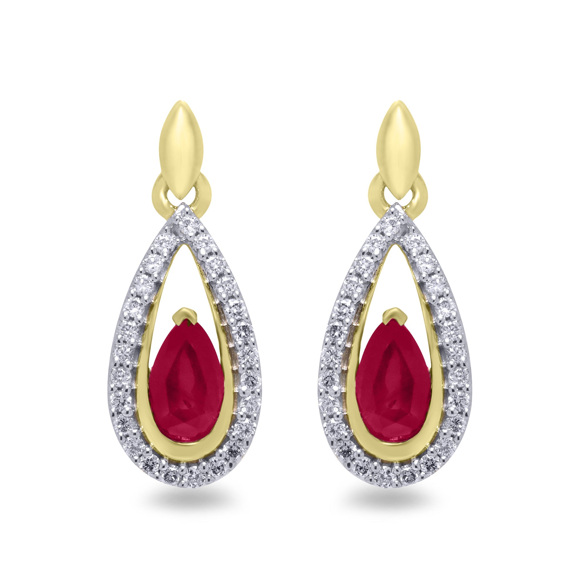 9ct gold 5x3mm pear shape ruby & diamond drop earrings 0.15ct