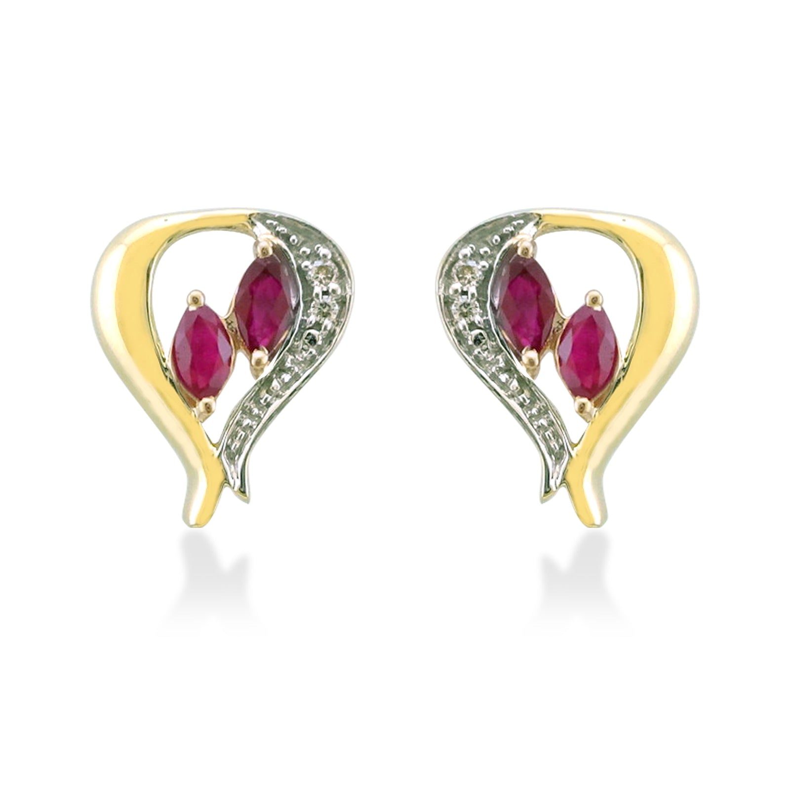 9ct gold marquise shape ruby & diamond heart stud earrings 0.03ct (product width 10mm)