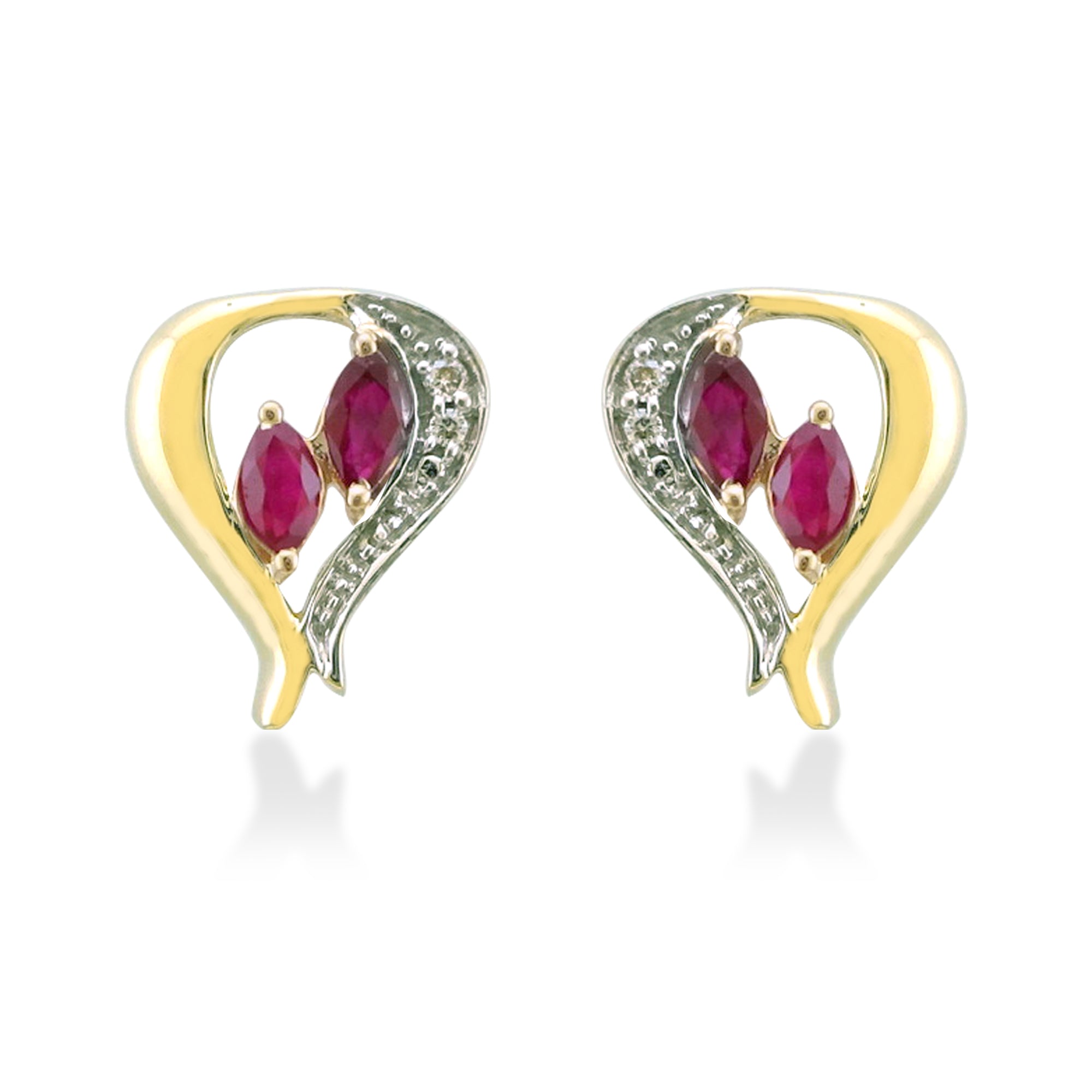 9ct gold marquise shape ruby & diamond heart stud earrings 0.03ct (product width 10mm)