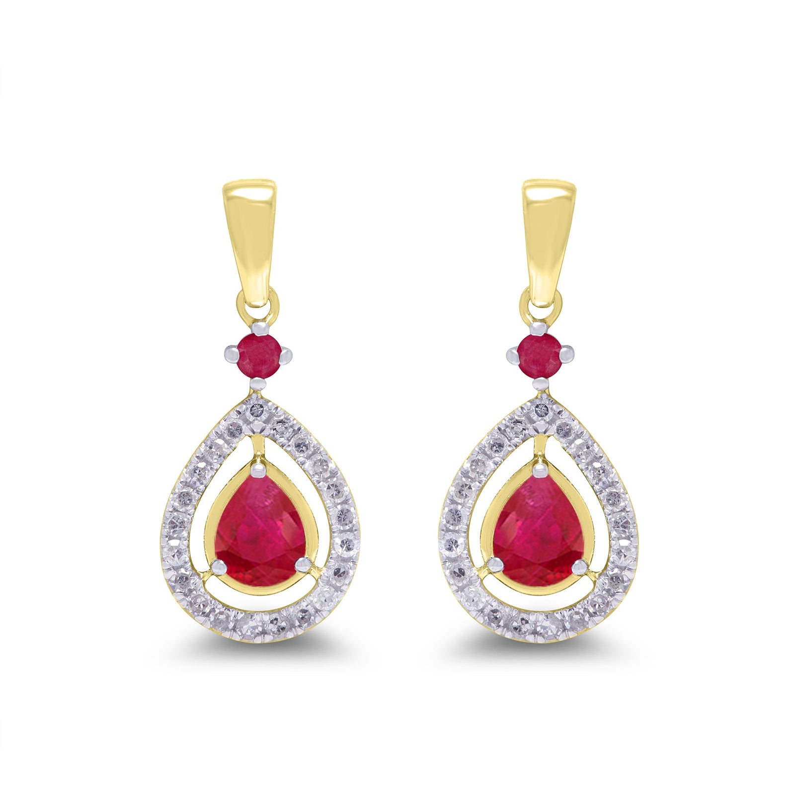 9ct gold 4x3mm pear shape ruby & 1.70mm round ruby & diamond drop earrings 0.14ct