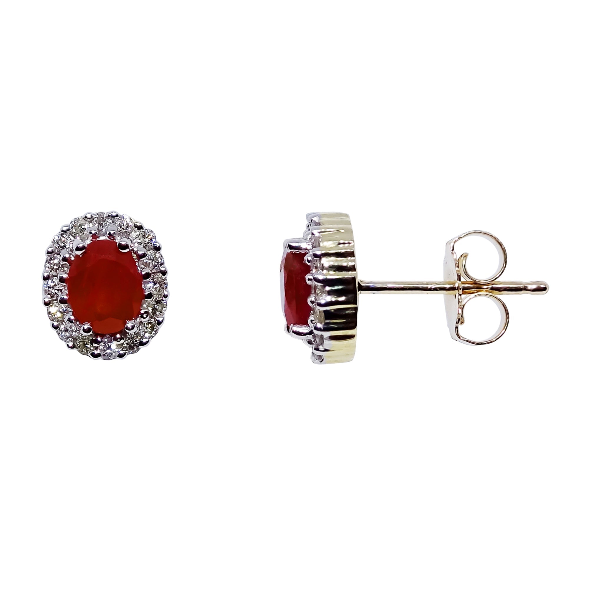 9ct gold 5x4mm oval ruby & diamond cluster stud earrings 0.17ct
