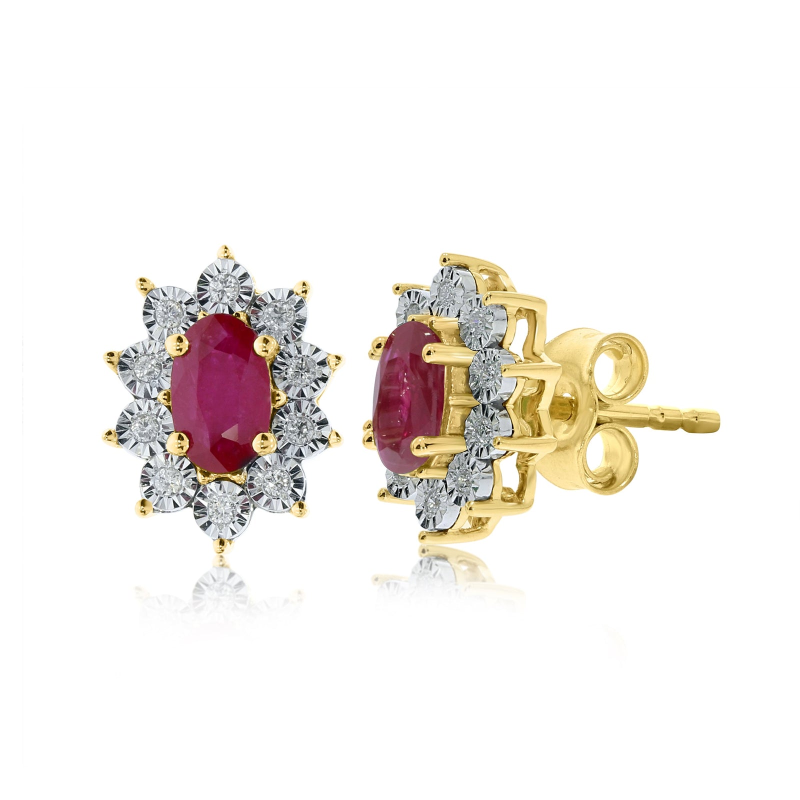9ct gold 5x3mm oval ruby & miracle plate diamond cluster stud earrings 0.07ct