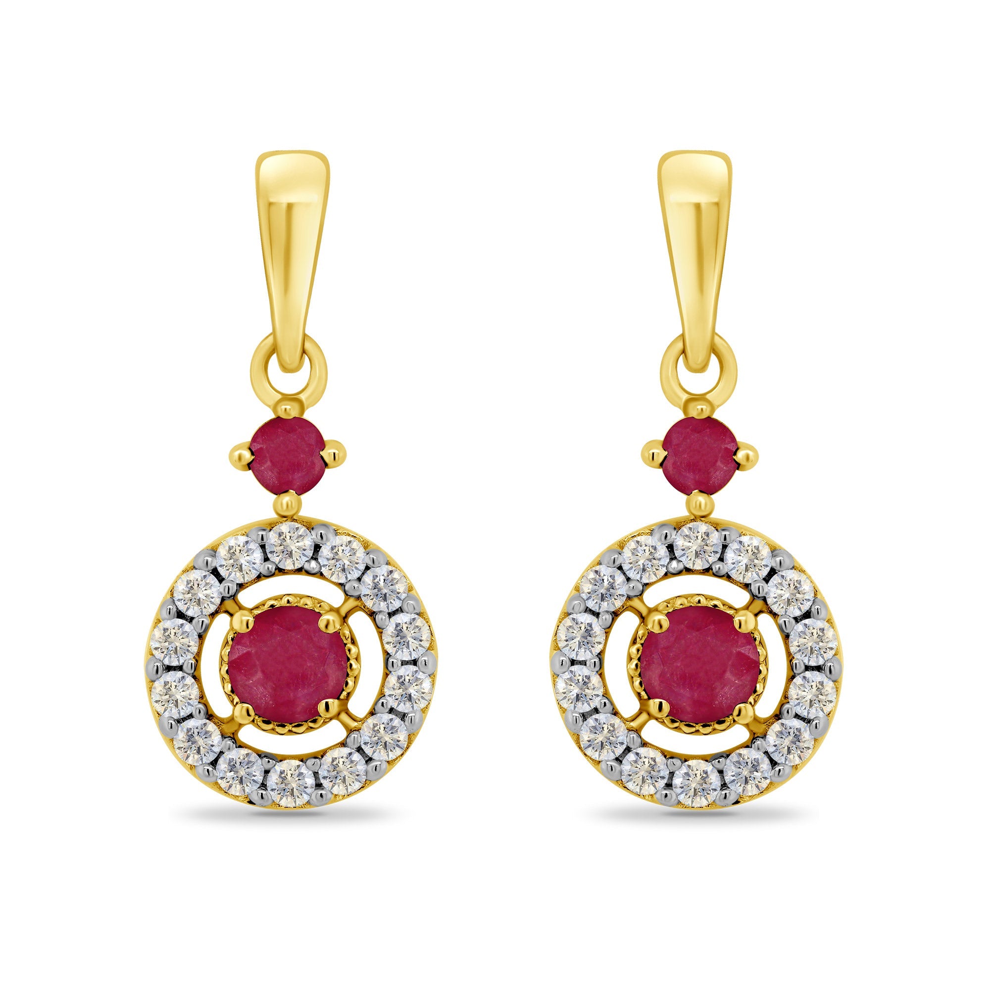 9ct gold 2.75mm & 1.75mm ruby & diamond gap halo drop earrings 0.14ct