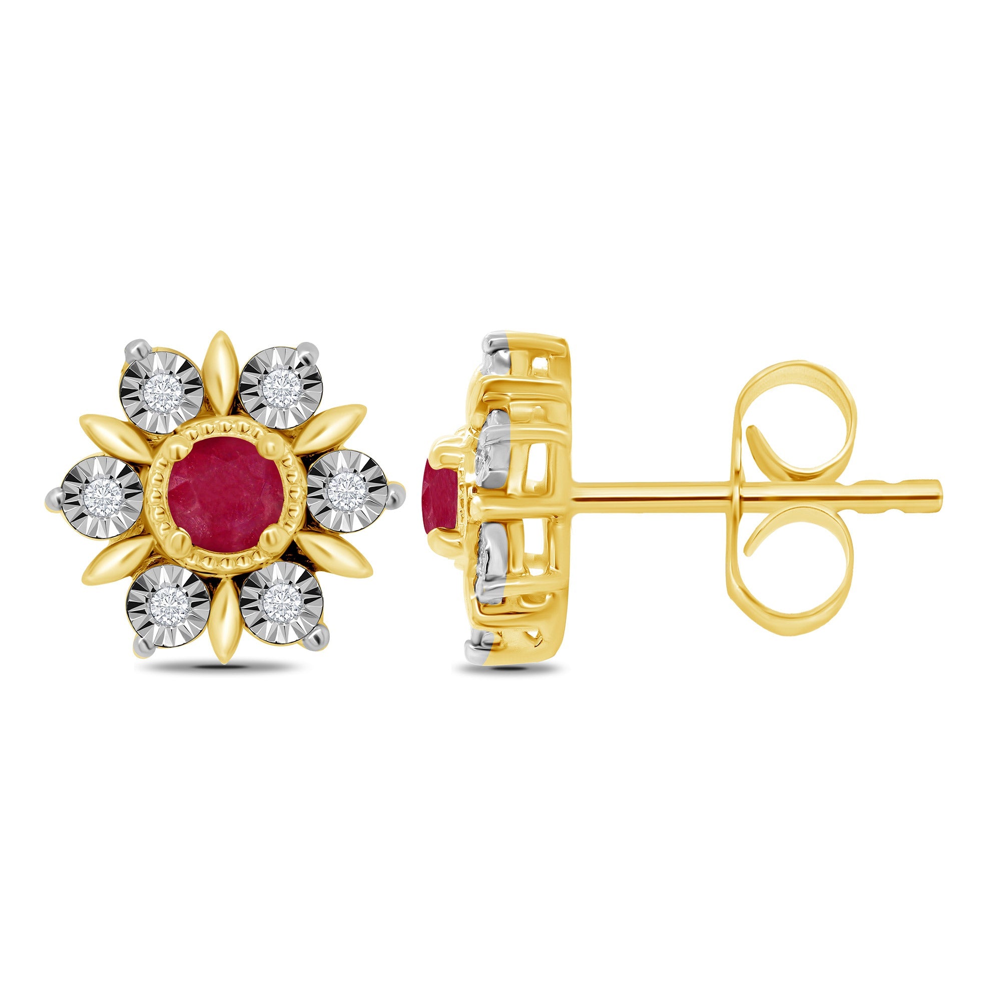 9ct gold 2mm round ruby & miracle plate diamond cluster stud earrings 0.04ct