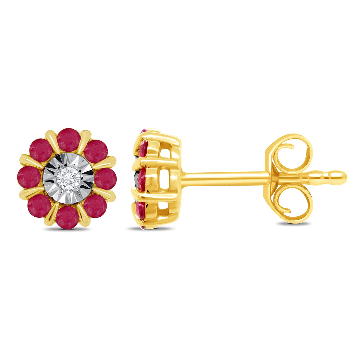9ct gold miracle plate diamond &amp; 1.25mm round ruby cluster stud earrings 0.02ct