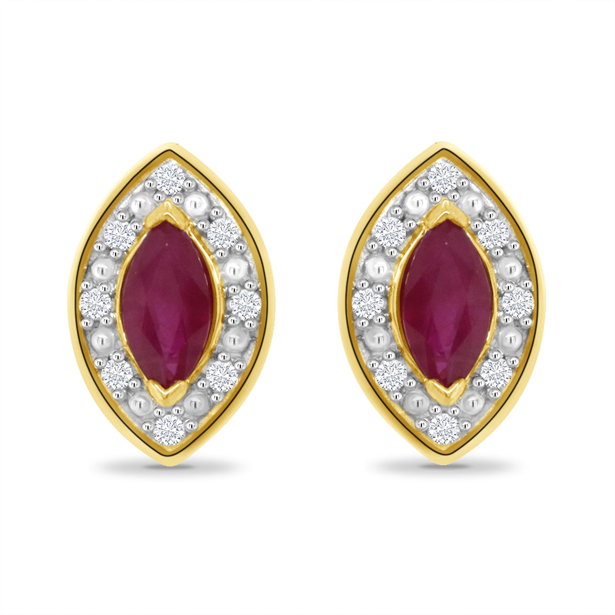 9ct gold 5x3mm marquise shape ruby & diamond stud earrings 0.05ct