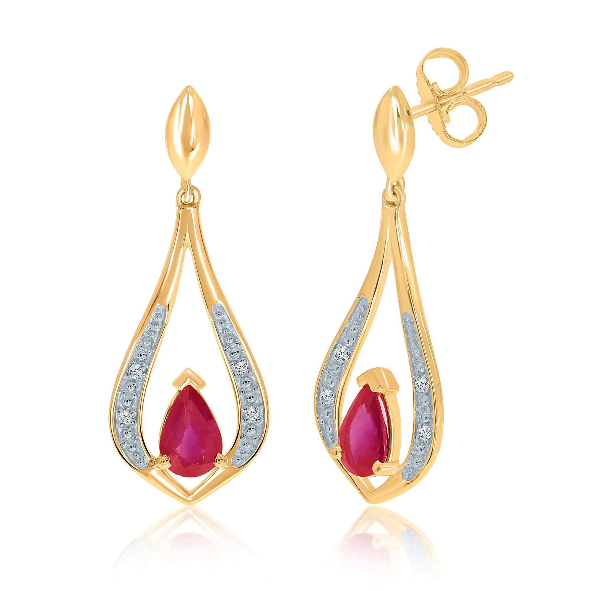 9ct gold 6x4mm pear shape ruby & diamond long drop earrings 0.02ct