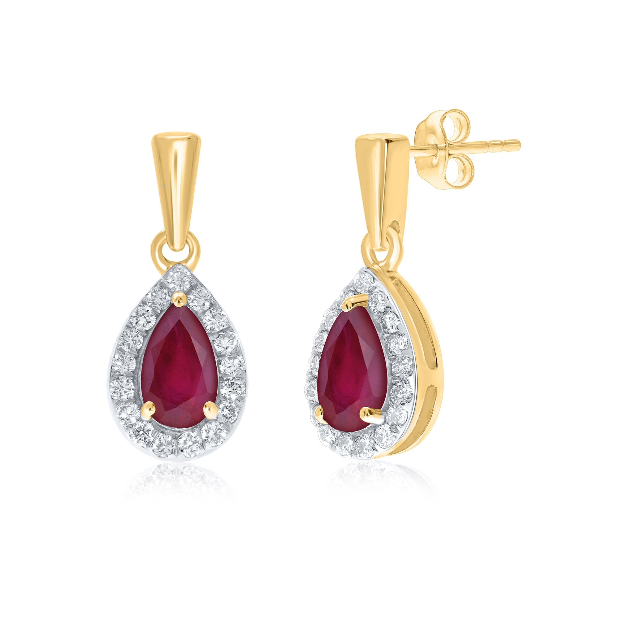 9ct gold 5x3mm pear shape ruby & diamond drop earrings 0.11ct