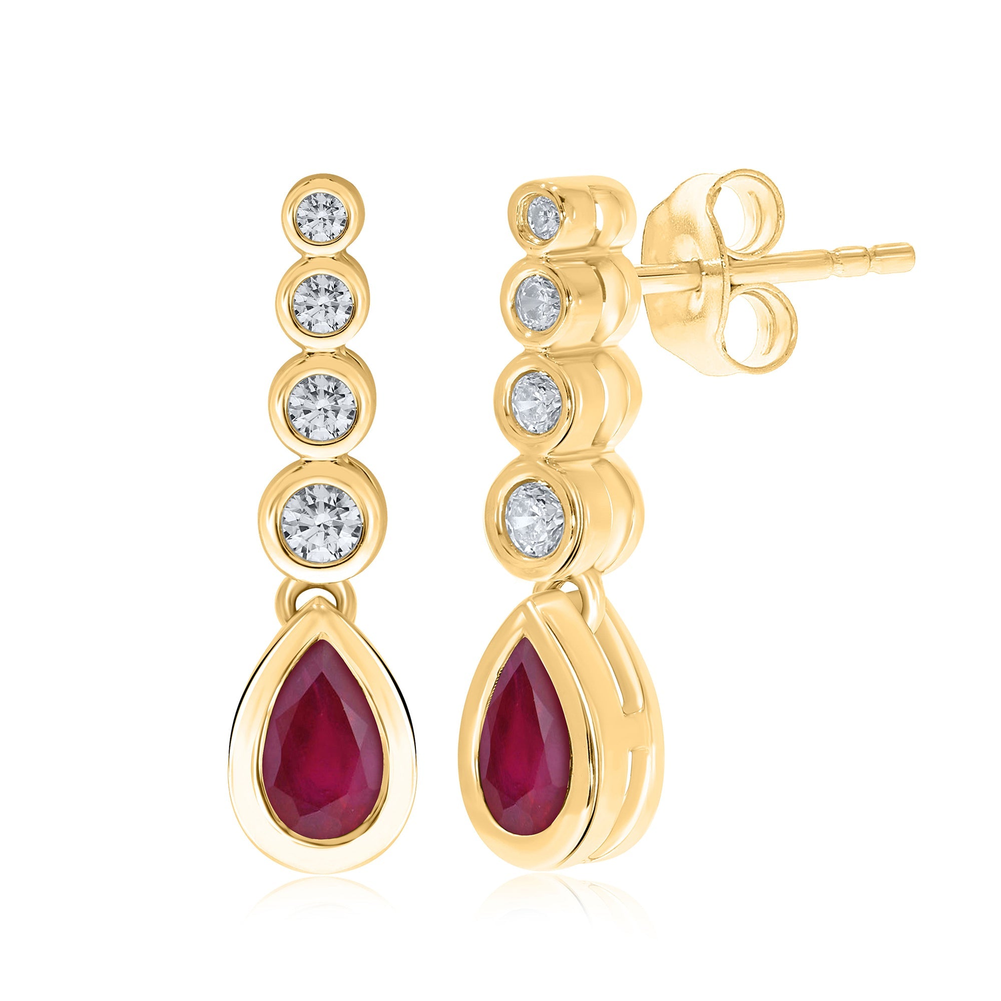 9ct gold 5x3mm pear shape ruby & diamond drop earrings 0.14ct