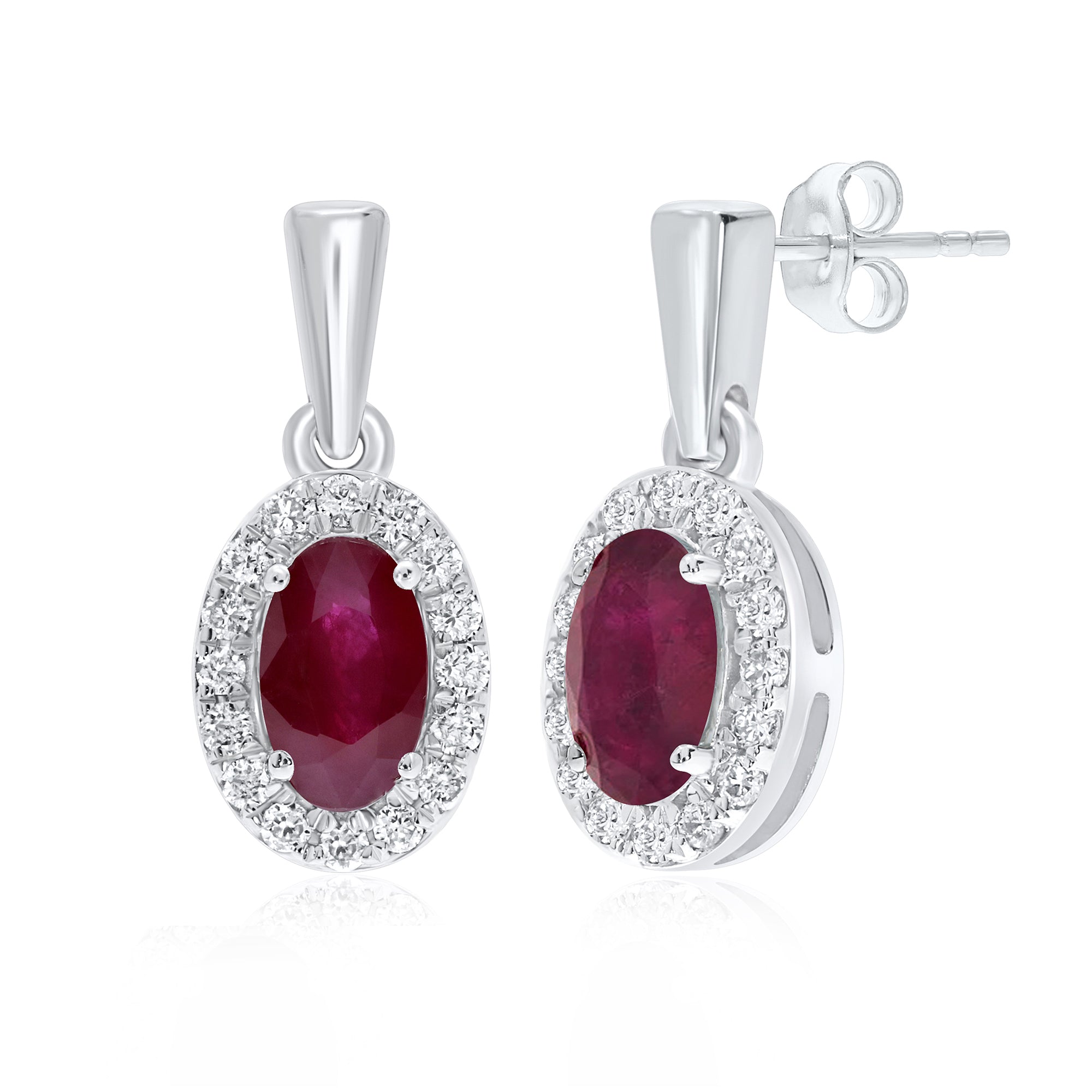 9ct white gold 5x3mm oval ruby & diamond cluster drop earrings 0.14ct