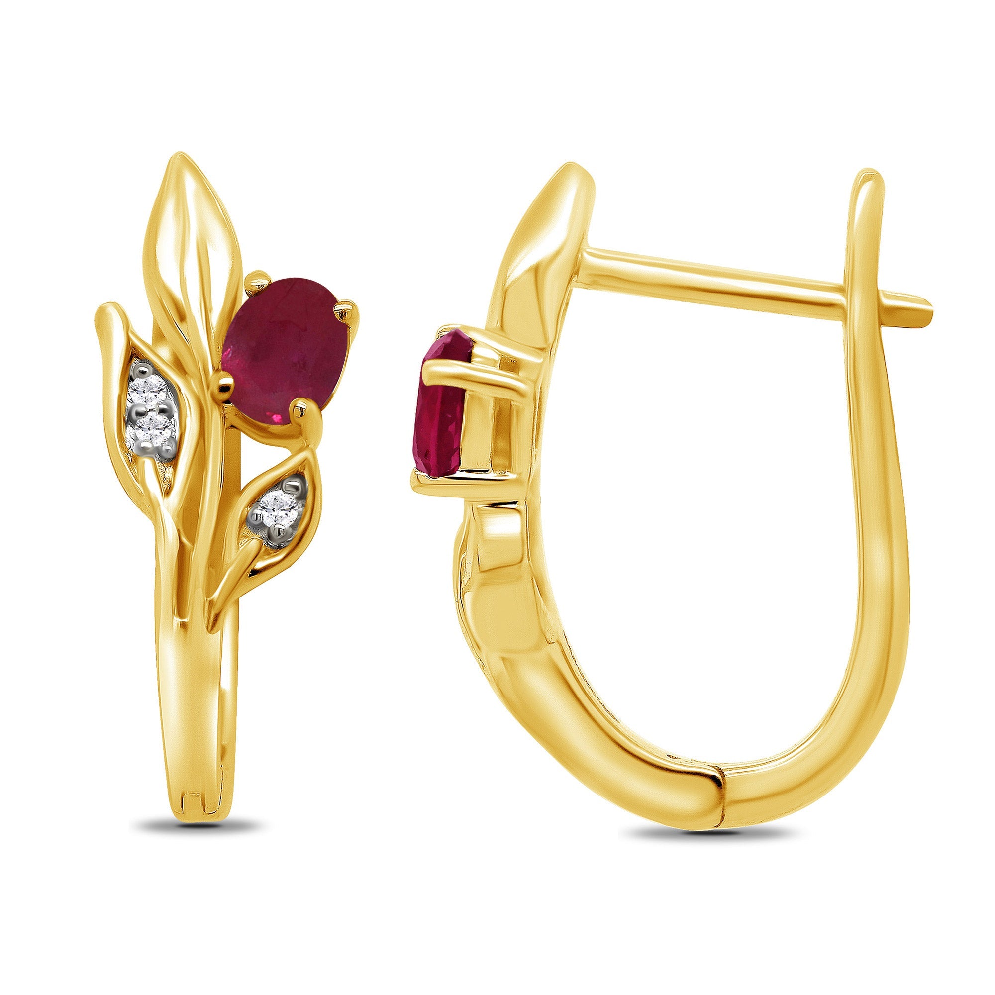 9ct gold 4x3mm oval ruby & diamond set leaf huggy earrings 0.03ct