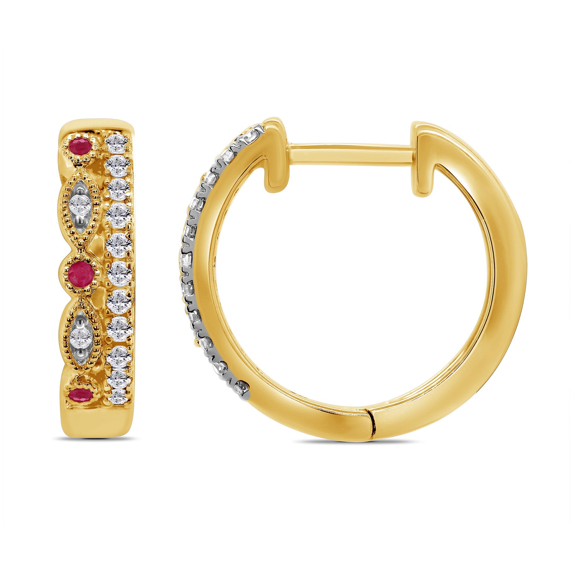 9ct gold two row ruby & diamond huggy earrings 0.22ct - W3.90 x L15mm